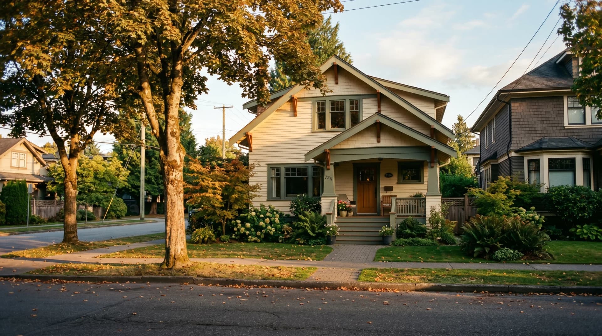 A Mount Pleasant Vancouver Craftsman heritage home with a deep front porch and decorative wooden brackets at golden hour — the character homes our templating process is built for