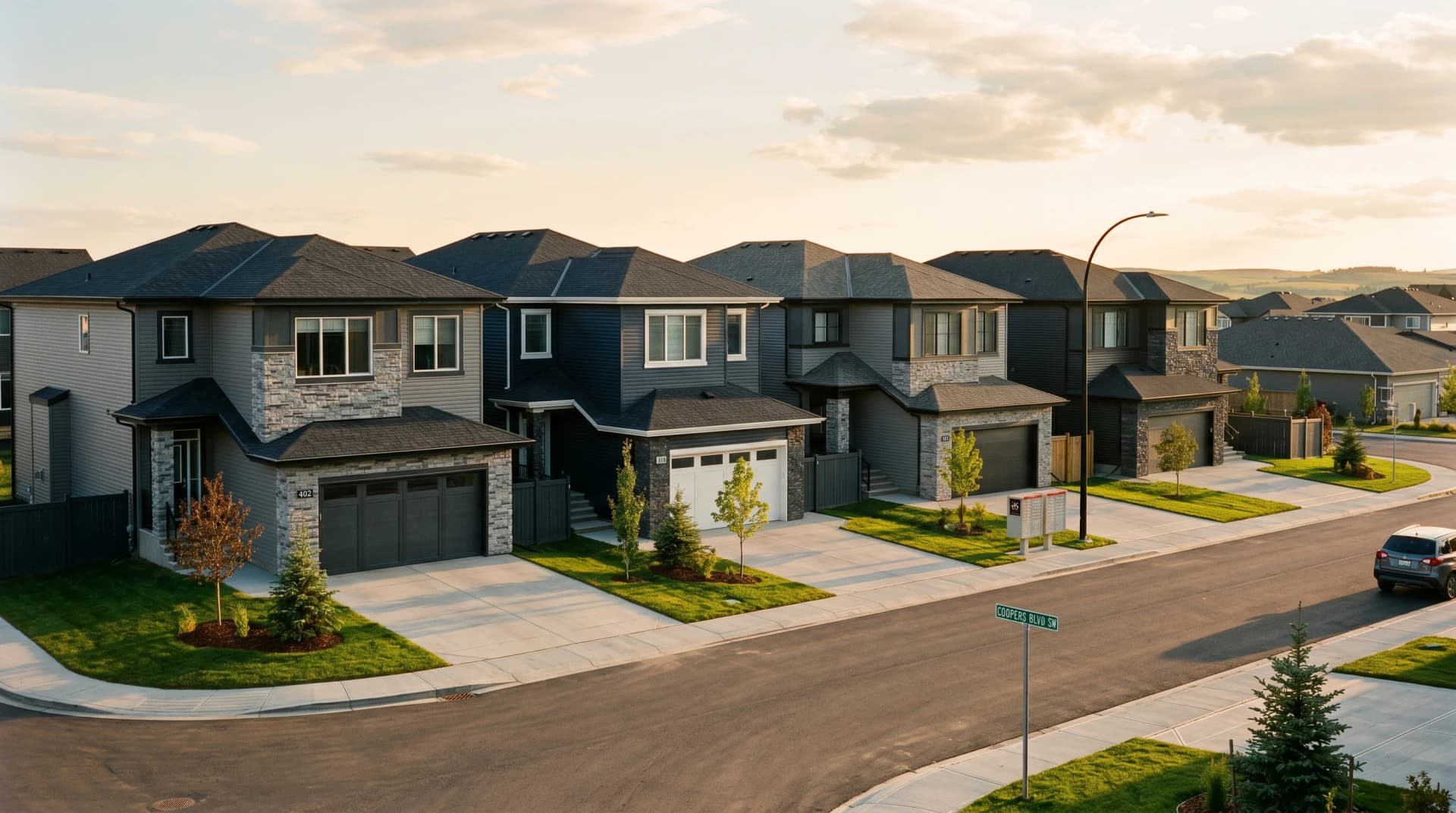 A brand-new Bayside or Sagewood Airdrie suburban residential street at golden hour with a row of four closely-spaced 2020s two-story homes — grey stone-veneer fronts, dark trim and double garages — modest setbacks emphasizing neighbour-to-neighbour proximity, young sod and ornamental trees, fresh asphalt road catching warm light — the closely-spaced Airdrie streetscapes Distinctive Form serves