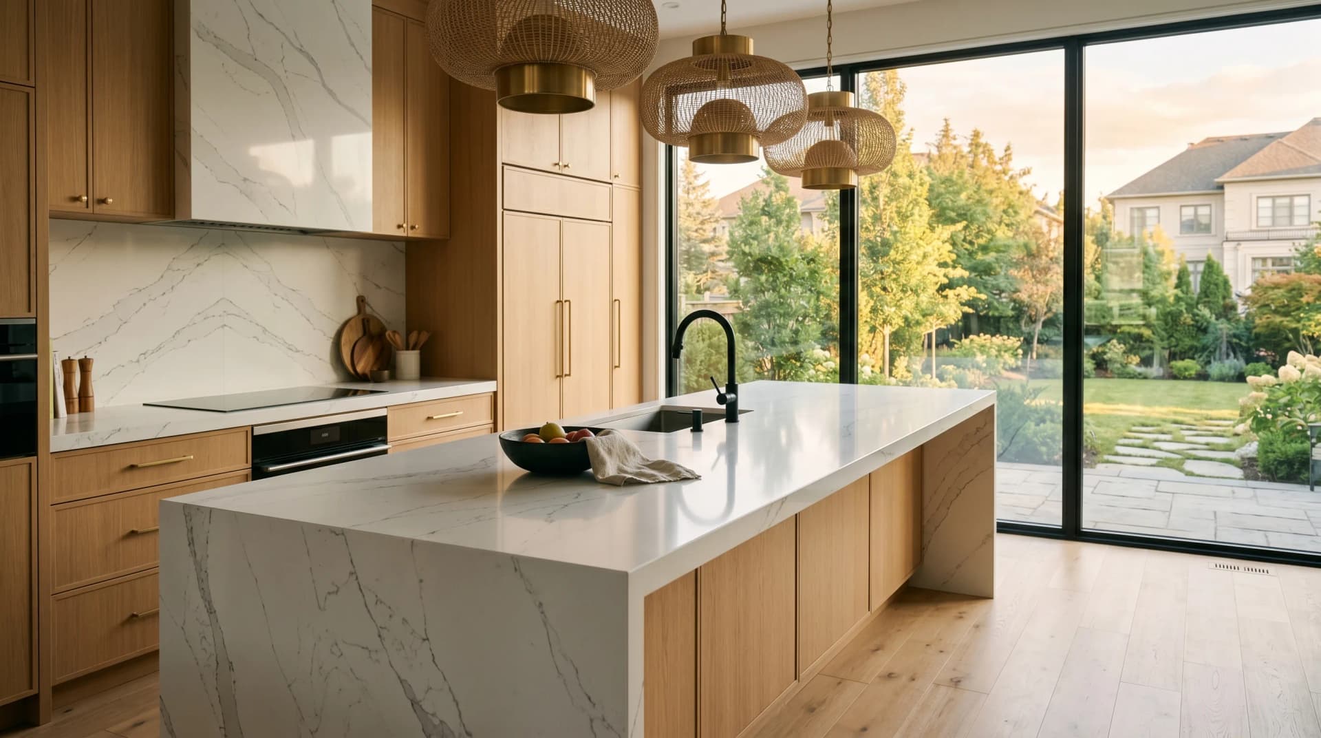 A luxurious Markham custom-home kitchen with a polished white engineered quartz waterfall island with a mitered edge on white-oak cabinetry beside soaring windows over a manicured garden — Distinctive Form serves Markham