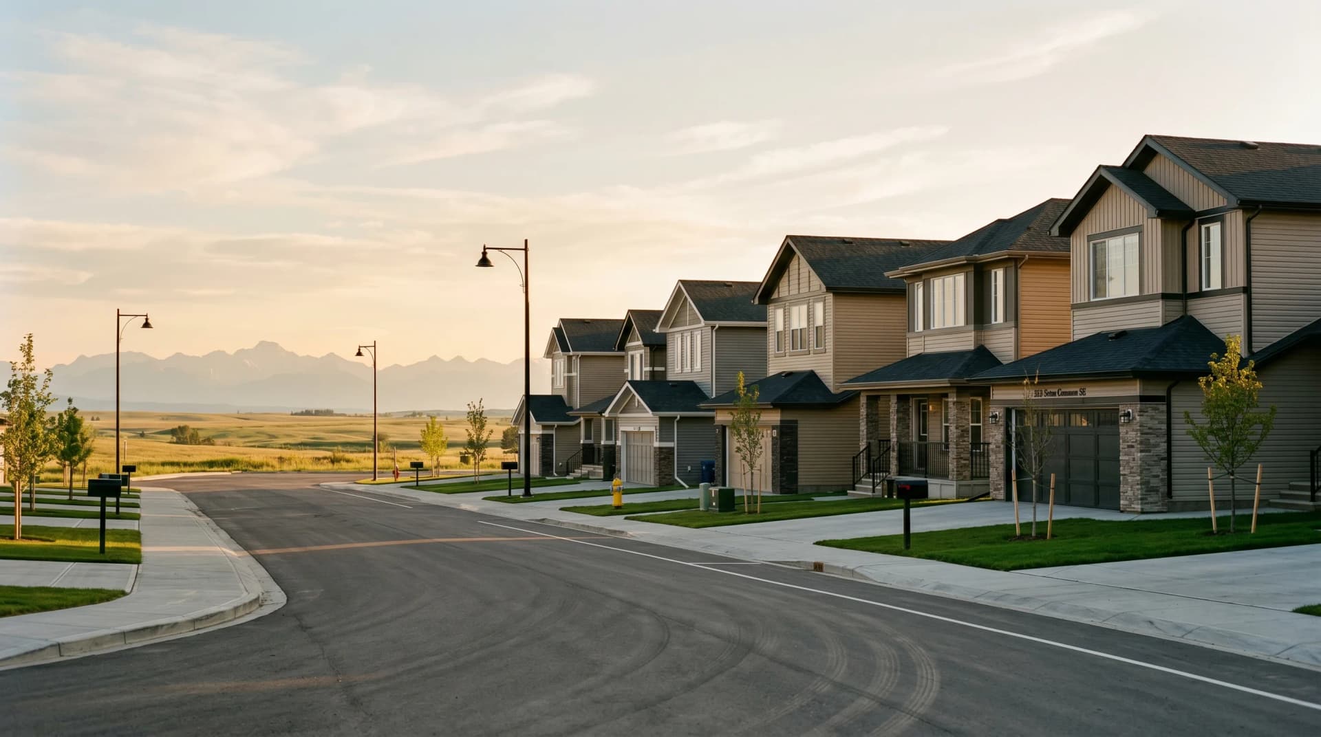 A brand-new Calgary suburban community with freshly-built two-story detached homes, fresh sod, and the distant Canadian Rockies on the horizon — the booming new-build neighborhoods we serve