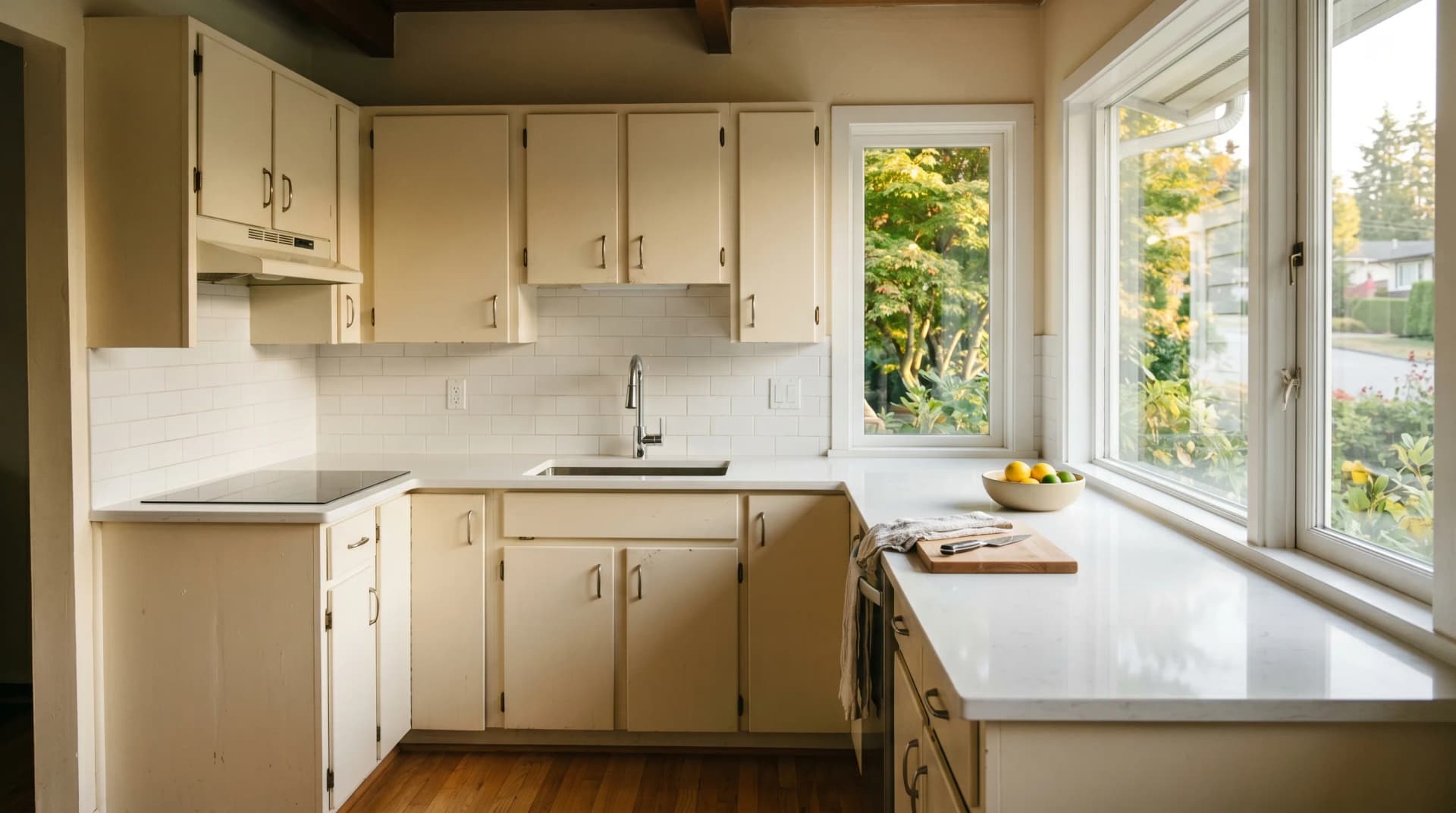 A renovated 1970s Austin Heights Coquitlam compact family kitchen at golden hour with a polished white engineered quartz countertop, eased edge, refreshed cream cabinetry, and a slightly out-of-square split-level layout fitted by precision templating — Distinctive Form serves Coquitlam