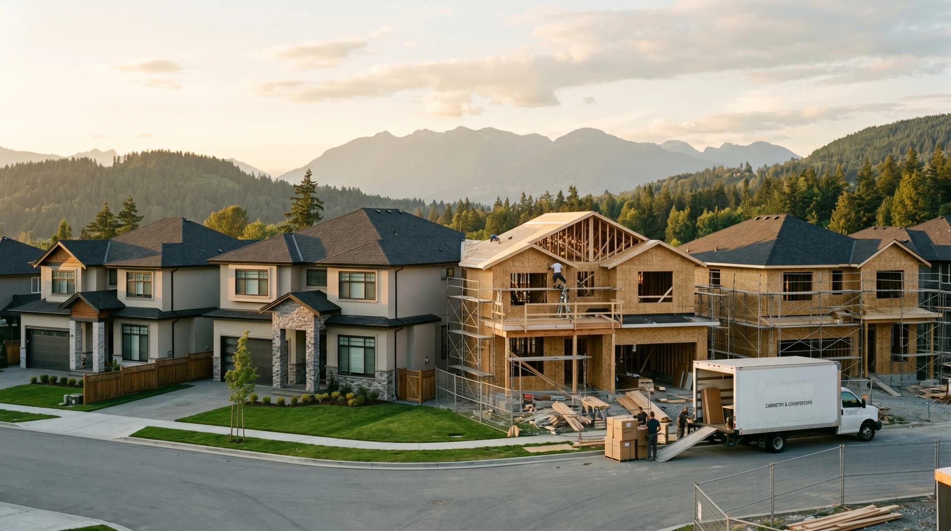 A brand-new Westwood Plateau or Burke Mountain Coquitlam subdivision in active construction at golden hour with 2020s two-story homes in mixed completion stages and a cabinetry-and-countertop delivery truck unloading — Distinctive Form serves Coquitlam