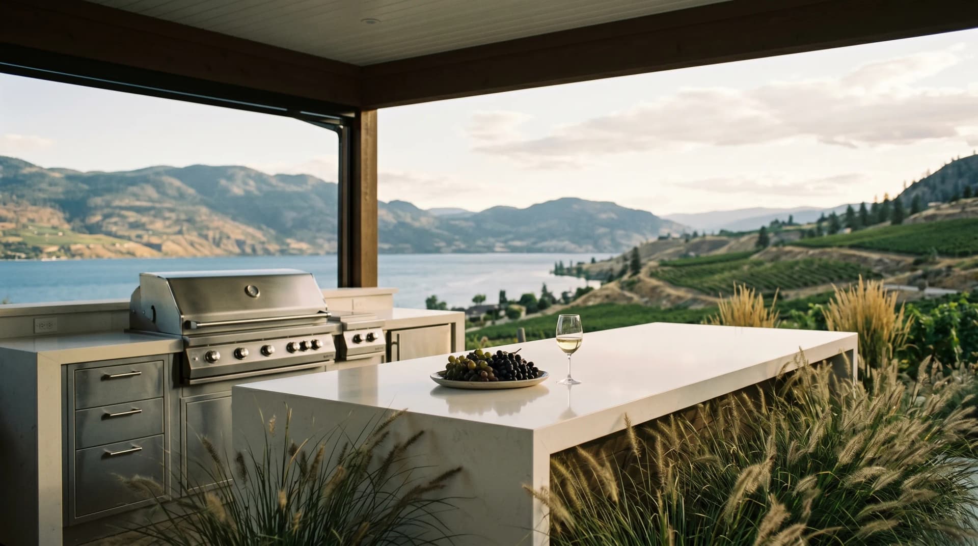 A luxurious outdoor lakefront kitchen terrace in Upper Mission Kelowna at golden hour with a large polished pale engineered porcelain outdoor countertop, mitered edge, stainless-steel built-in base, and soaring views over Okanagan Lake and terraced vineyard hillsides — Distinctive Form serves Kelowna