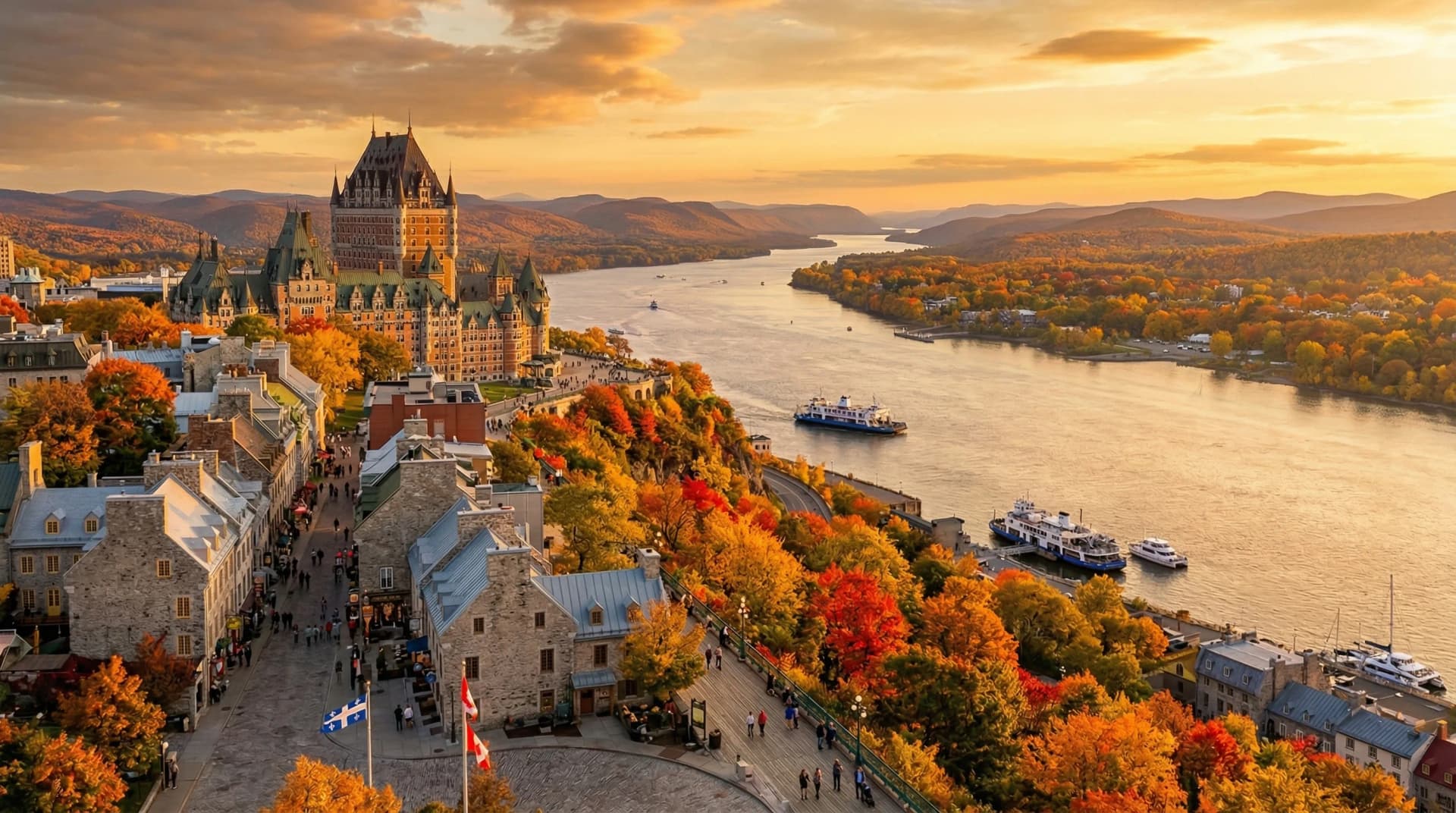 Distinctive Form — premium quartz and porcelain countertop fabrication across Quebec. The iconic Chateau Frontenac towering over Old Quebec City cobblestone streets and the St. Lawrence River reflecting warm golden light, Montreal skyline and Mount Royal in the distance, surrounded by Laurentian mountain autumn foliage in brilliant maple red and gold. Serving Montreal, Quebec City, Laval, Gatineau, Longueuil, and Sherbrooke.