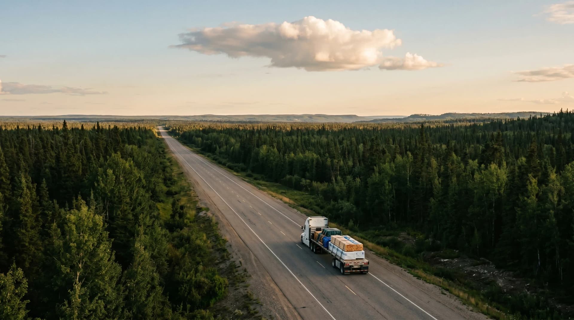 Highway 63 cutting across the vast boreal forest between Edmonton and Fort McMurray at golden hour, a lonely two-lane highway disappearing into the Northern Alberta horizon, a single white transport truck loaded with palletized building materials heading north, dense spruce and aspen forest stretching to either horizon — the 430-kilometre remote supply route Distinctive Form bridges for Fort McMurray