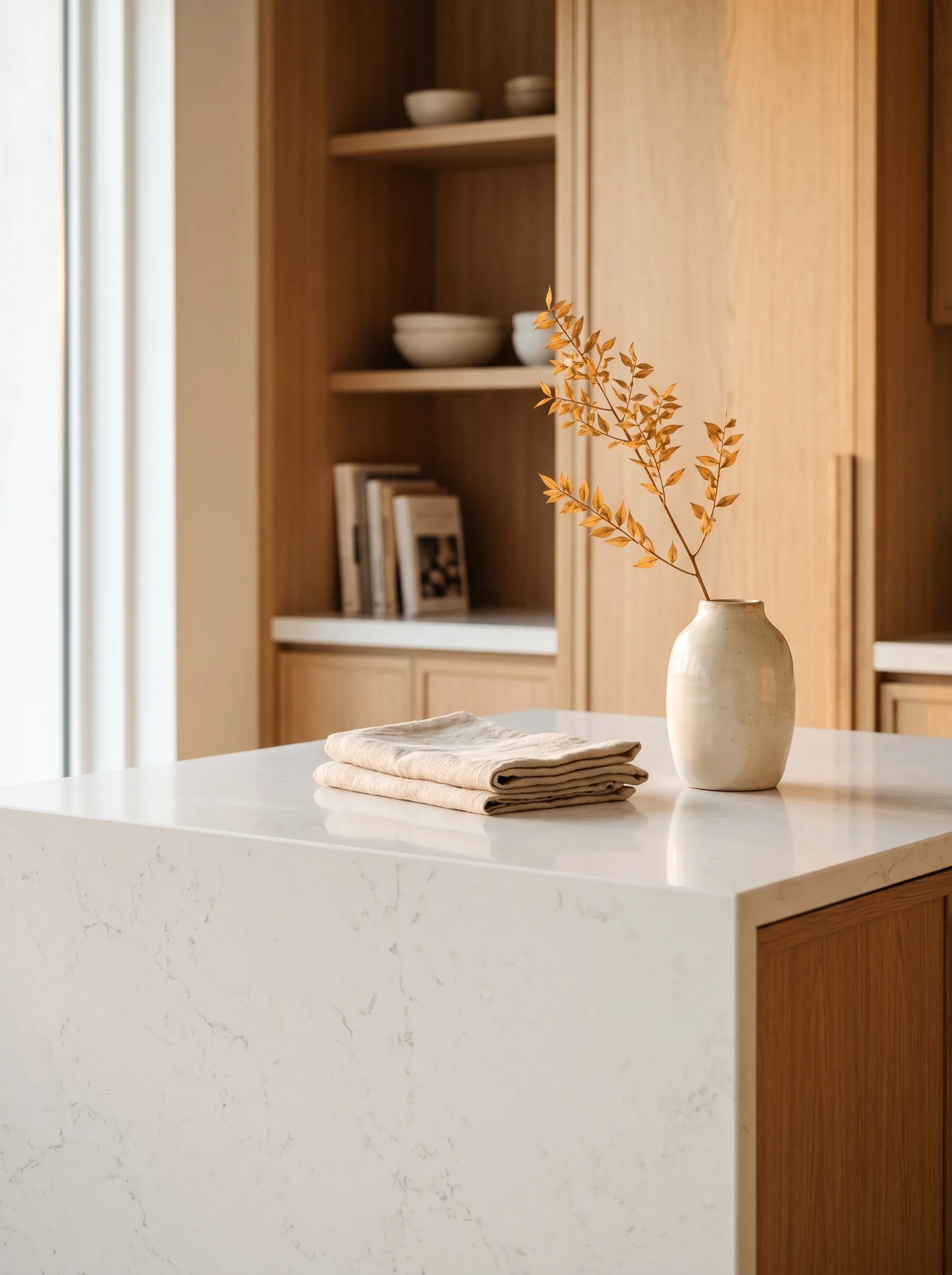 Tight interior-design vignette of a polished white engineered quartz slab with subtle soft veining set against warm white-oak millwork — Distinctive Form premium quartz