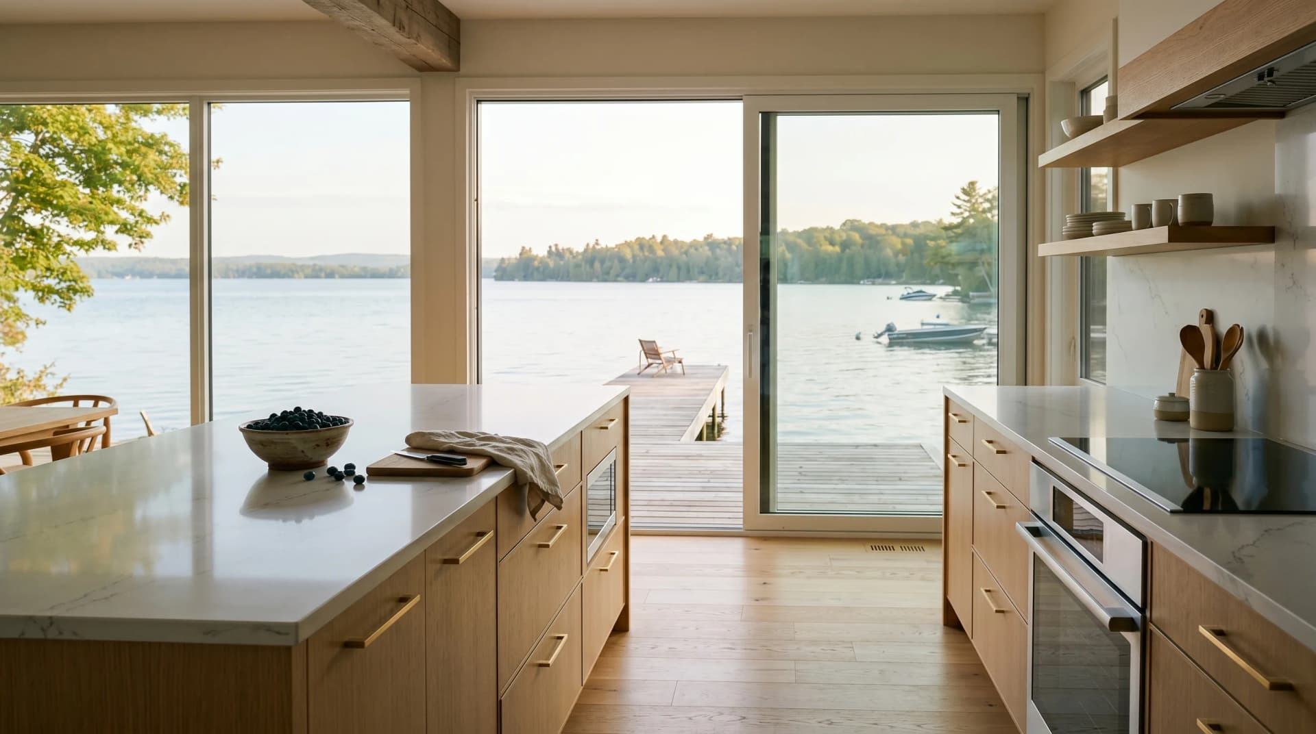 A Kempenfelt Bay cottage-style kitchen in Barrie with a pale porcelain countertop with an eased edge on white-oak cabinetry, brushed-brass hardware and a full-height glass wall opening onto a private wooden dock over Lake Simcoe — Distinctive Form serves Barrie