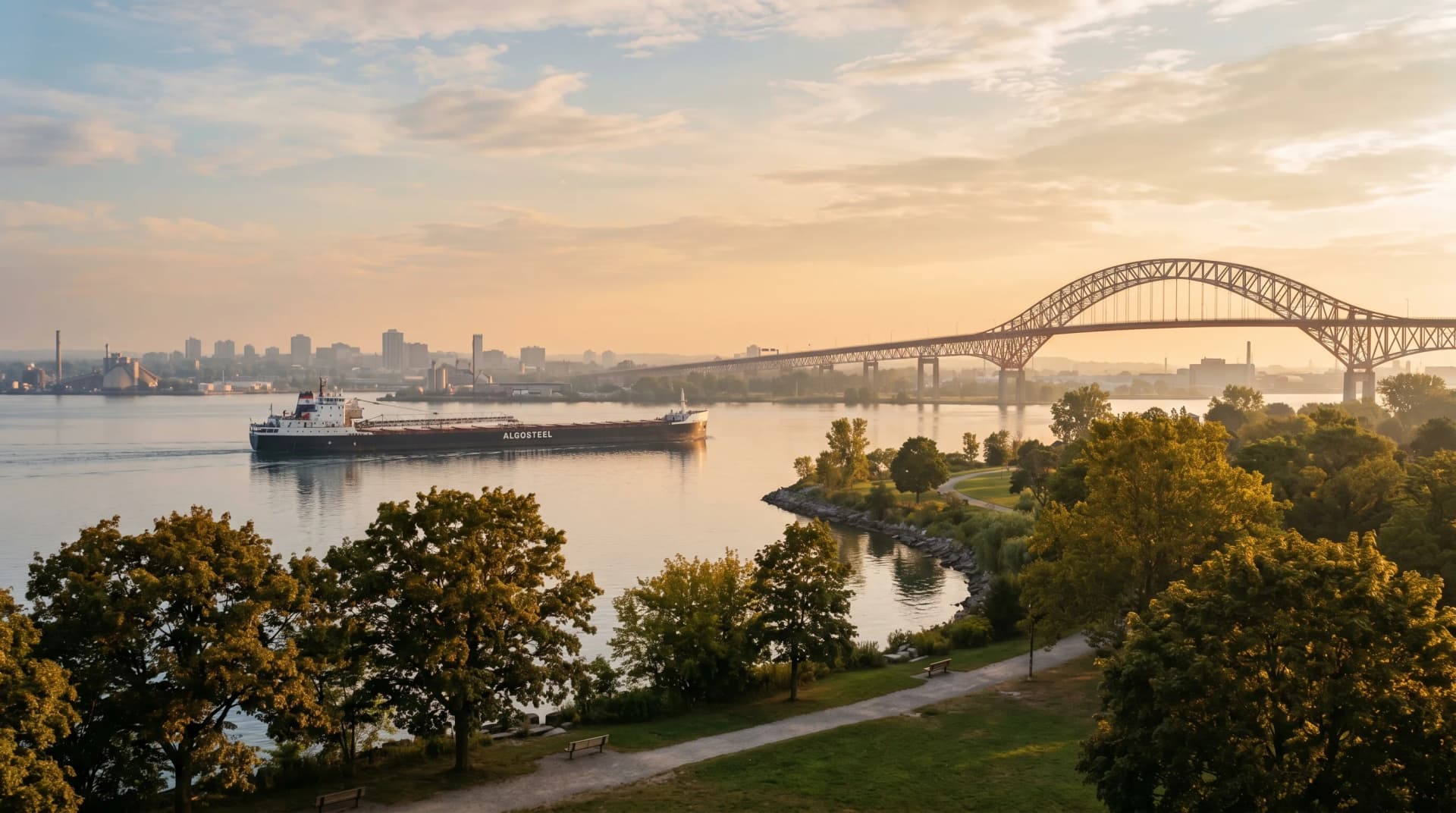 Hamilton Harbour from Bayfront Park with the soaring red-and-white steel-arch Skyway Bridge and a Great Lakes freighter passing in humid late-afternoon haze — the lake-and-harbour humidity Distinctive Form designs Hamilton waterfront installations to handle