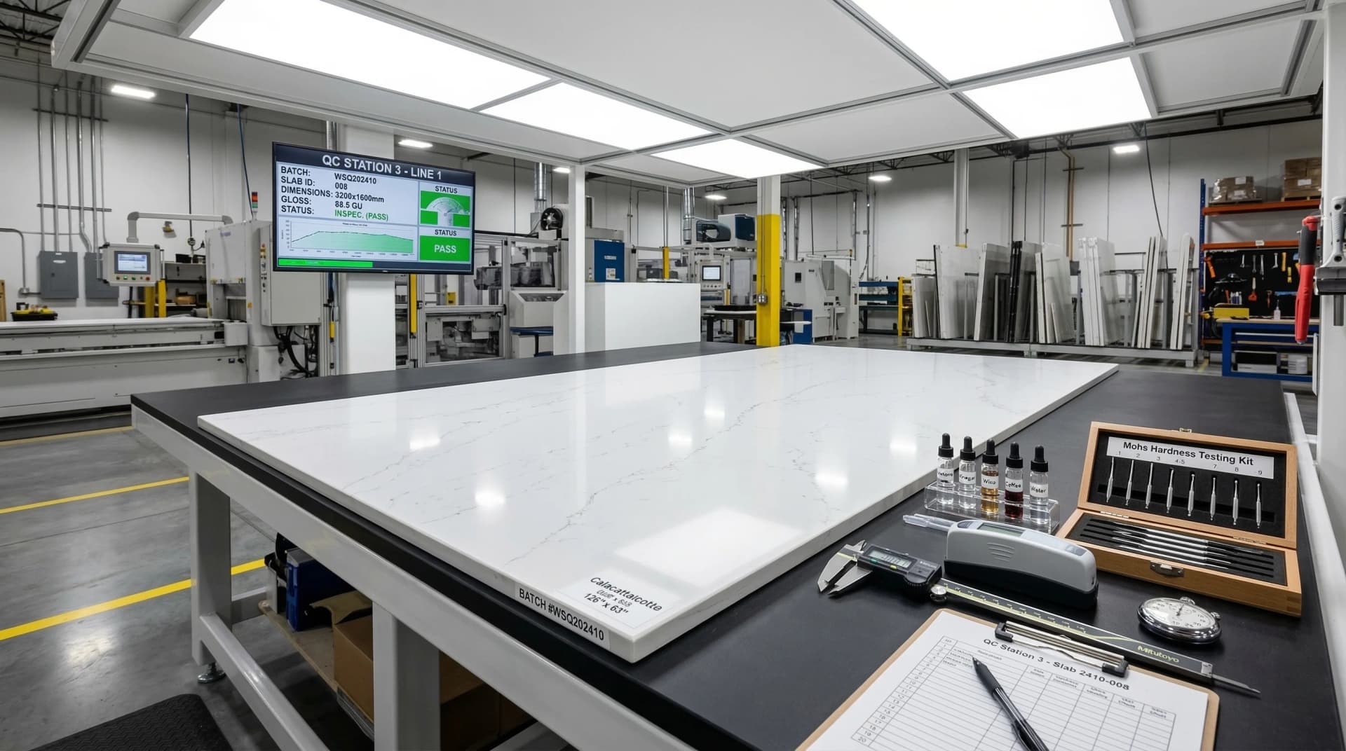 Distinctive Form — quality control inspection of a finished quartz slab. A polished engineered quartz slab on a backlit inspection table under clinical overhead spotlights, surrounded by precision measurement instruments including a digital caliper and hardness tester, with a digital display showing test results in the background, demonstrating the rigorous multi-checkpoint quality assurance process that tests flexural strength, stain resistance, surface uniformity, and Mohs hardness before slabs are approved for distribution.