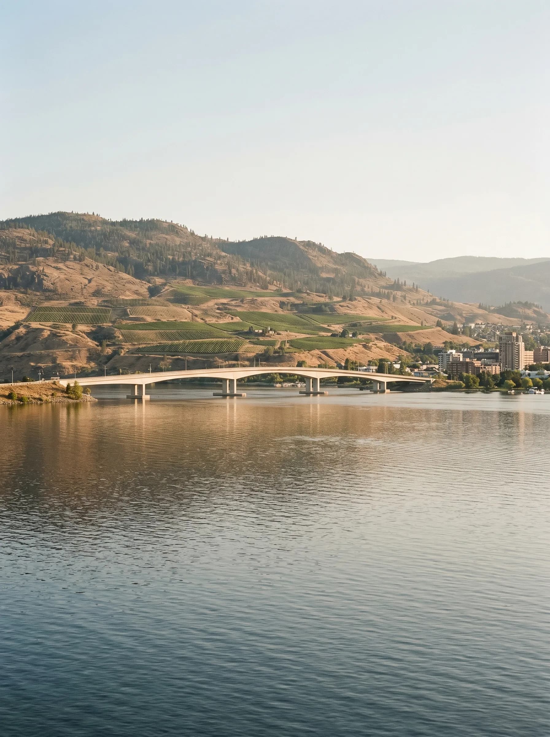 Okanagan Lake with the William R. Bennett Bridge spanning the water and terraced vineyards on the far hills, downtown Kelowna visible on the right — Distinctive Form serves Kelowna and the Central Okanagan