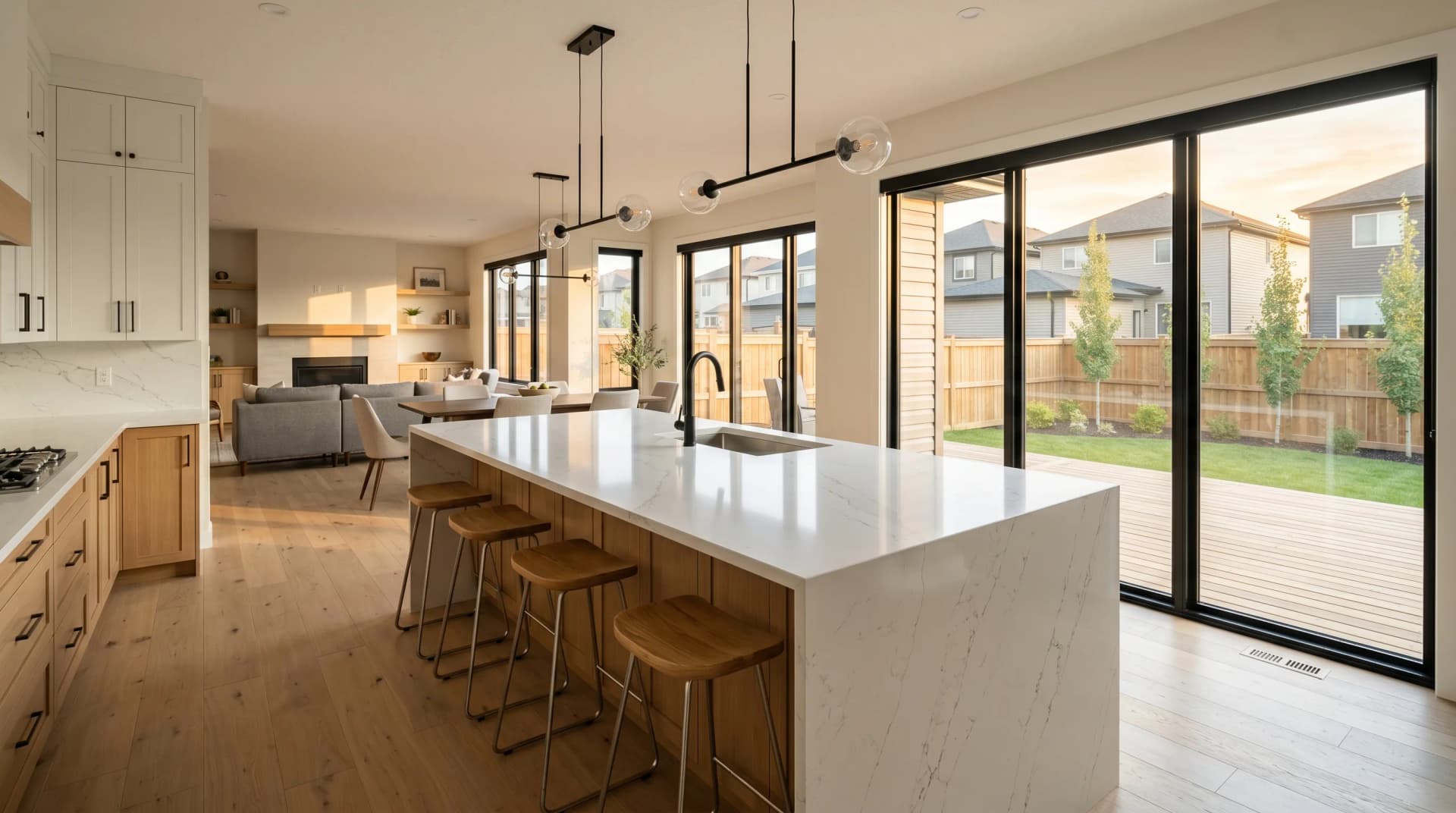 A brand-new Coopers Crossing or Reunion Airdrie open-concept family kitchen at golden hour with an oversized polished white engineered quartz waterfall island, book-matched veining and a clean mitered edge on warm white-oak cabinetry, flowing into a great-room with floor-to-ceiling windows — the new-construction floor plans Distinctive Form fabricates for Airdrie