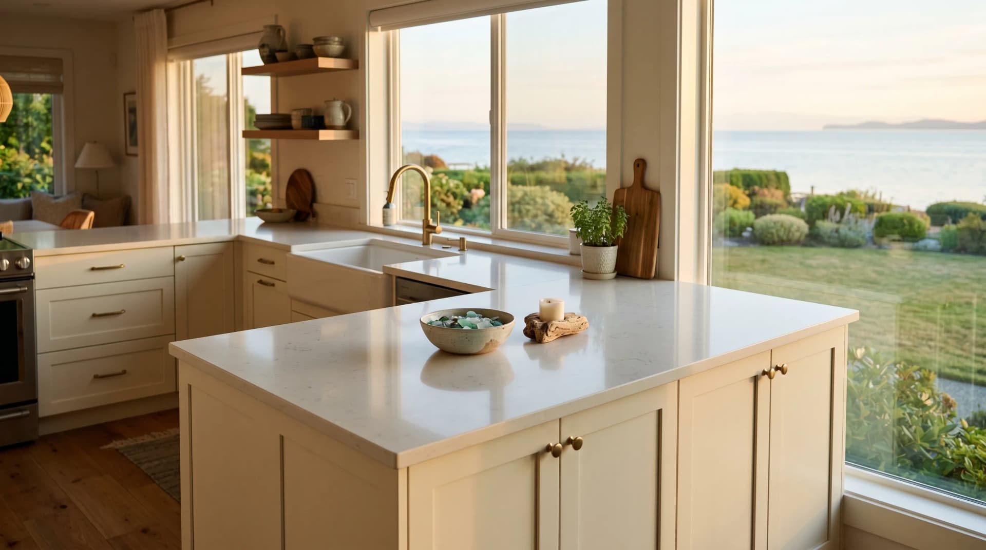 A Tsawwassen or Beach Grove Delta waterfront family kitchen at golden hour with a polished pale engineered porcelain countertop, eased edge, cream shaker cabinetry, and Boundary Bay just beyond a manicured coastal lawn through a full-height window — Distinctive Form serves Delta