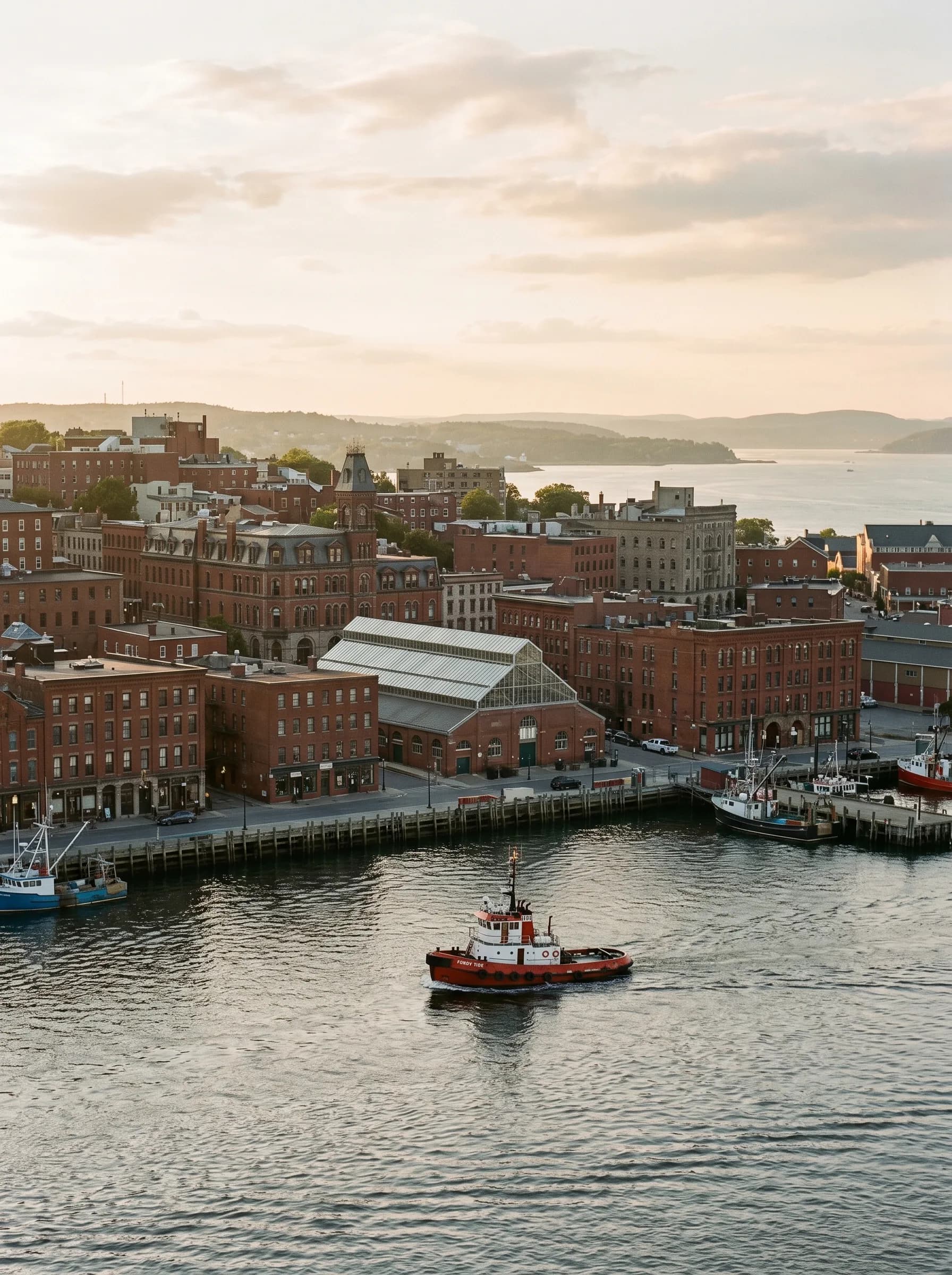 The historic Uptown Saint John waterfront with restored red-brick heritage buildings, the glass-roofed Saint John City Market, and the Bay of Fundy harbour at golden hour — Distinctive Form serves Saint John and the Kennebecasis Valley