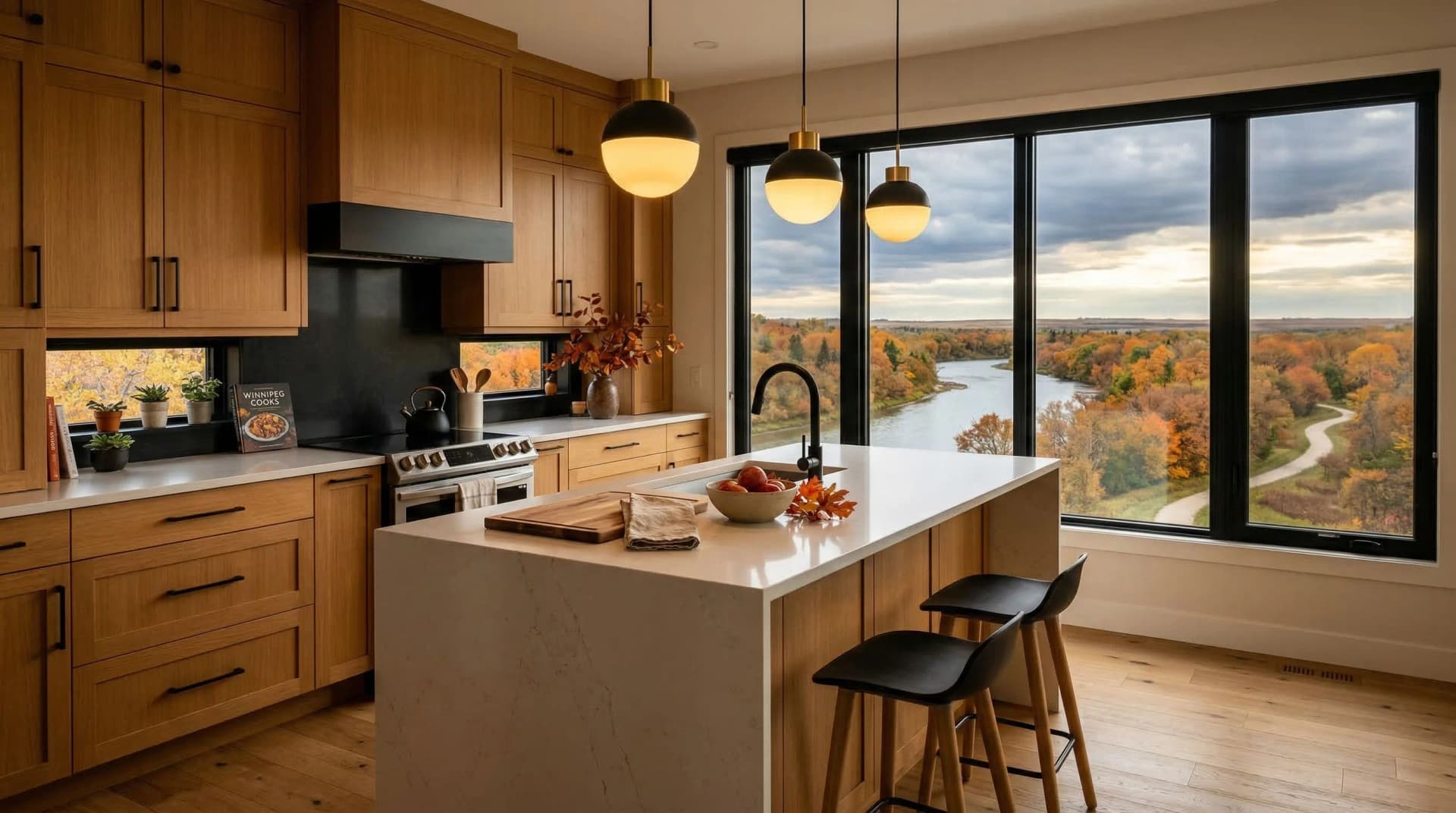 Distinctive Form — premium engineered quartz countertop with mitered waterfall island edge in a warm modern Winnipeg, Manitoba kitchen. White quartz surface with soft veining, natural honey oak cabinetry, black matte backsplash accent, globe pendant lights with brass accents, black bar stools, and panoramic autumn river valley and fall foliage views through floor-to-ceiling windows. Professional countertop fabrication and installation serving Winnipeg and surrounding areas.