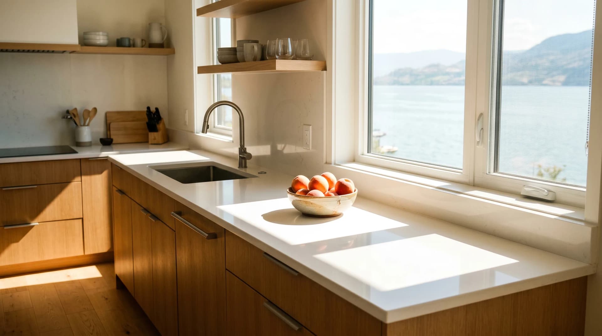 A Mission or Lower Mission Kelowna family kitchen bathed in intense direct Okanagan sunshine at warm late-morning with a polished white engineered porcelain countertop, eased edge, warm white-oak cabinetry, and views over sparkling Okanagan Lake — Distinctive Form serves Kelowna