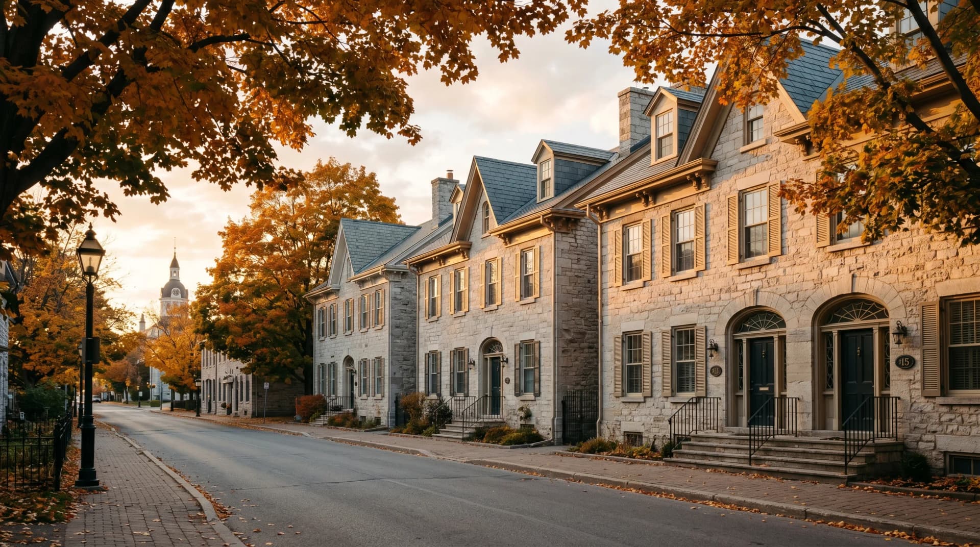 A preserved 1850s downtown Kingston Limestone City heritage street with hand-cut pale-grey limestone fronts, recessed arched stone doorways, pitched slate roofs and wrought-iron porch railings under amber autumn maples — Distinctive Form serves Kingston