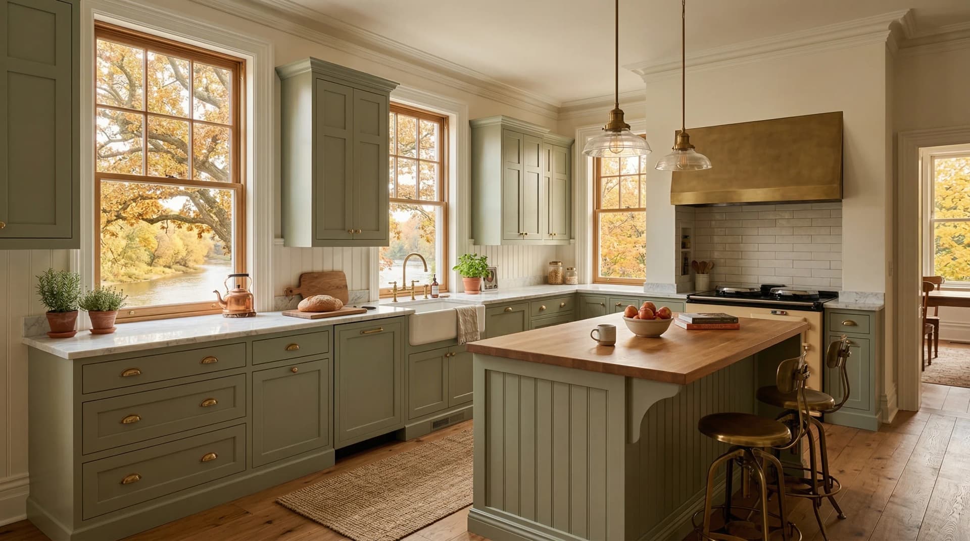 Distinctive Form — premium engineered quartz countertop with eased edge profile in a charming farmhouse-style London, Ontario kitchen. White quartz perimeter surfaces, sage green shaker cabinetry with brass cup pulls, farmhouse apron sink, butcher block island top, brass range hood, beadboard paneling, and golden autumn Thames River views through wood-trimmed windows. Professional countertop fabrication and installation serving London and surrounding areas.