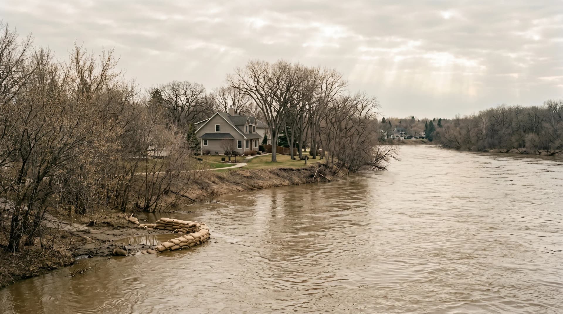 The swollen high-water Red River winding past a residential Winnipeg riverbank in mid-spring with sandbags piled along the water's edge and bare early-spring trees — the spring-flooding risk Distinctive Form designs Winnipeg basement renovations to outlast