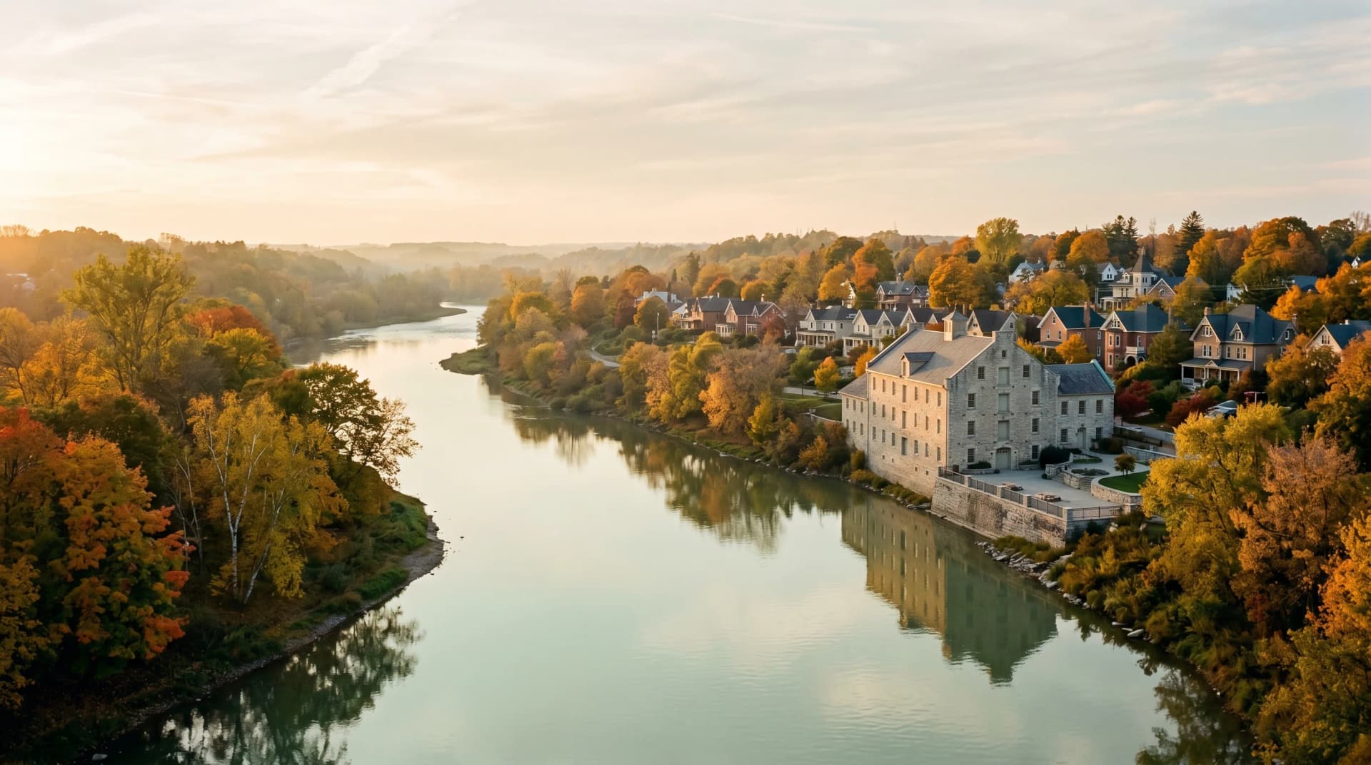 The calm Grand River winding past Preston Cambridge at golden hour with the historic Cambridge Mill on the river bluff, soft river-valley haze rising over the water and silver birches and maples in vibrant autumn foliage framing the foreground — Distinctive Form serves Cambridge