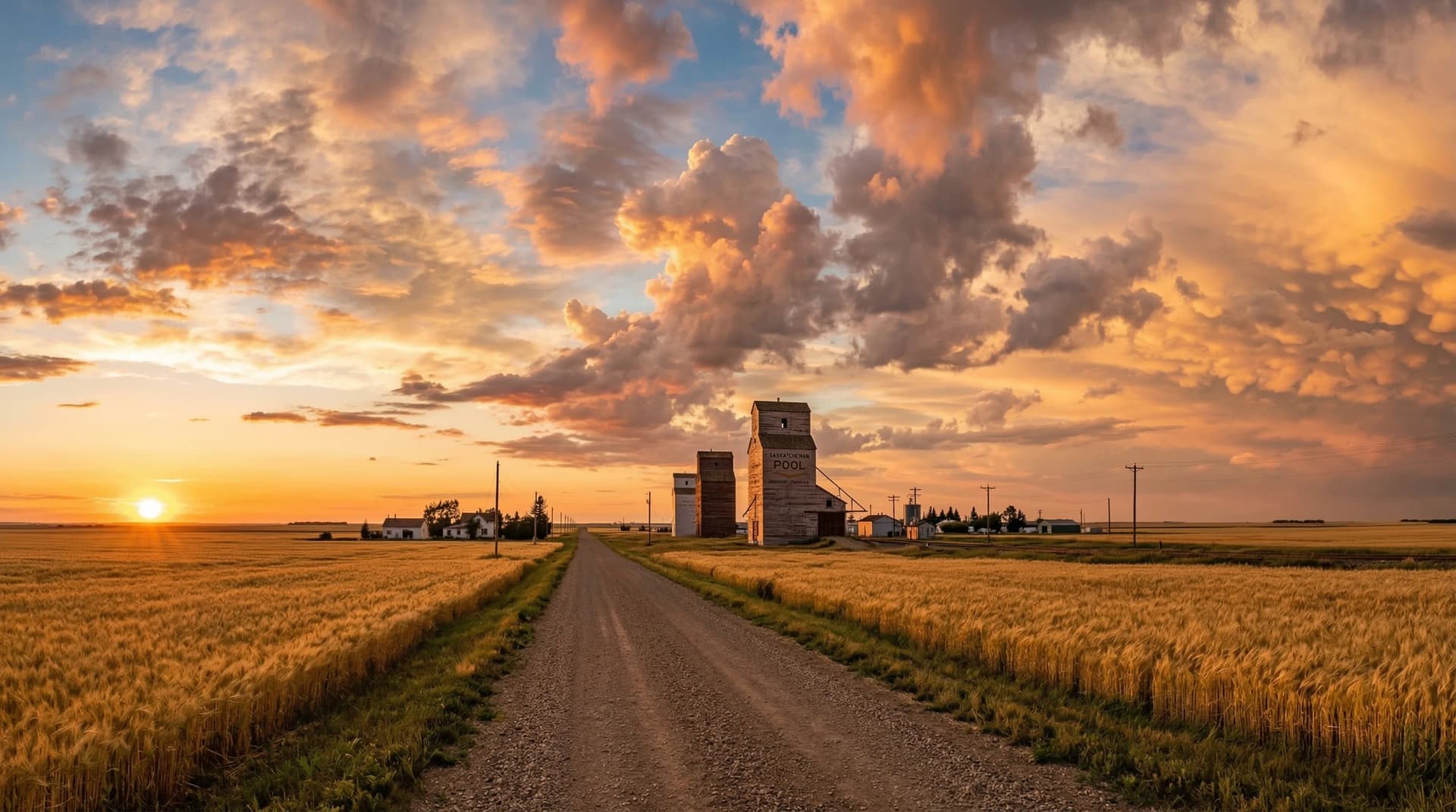 Distinctive Form — premium quartz and porcelain countertop fabrication across Saskatchewan. Endless golden wheat fields stretching to the horizon under towering dramatic cumulus clouds painted in warm sunset colours, iconic wooden grain elevators standing along a straight prairie road, showcasing the famous Saskatchewan living skies at golden hour. Serving Saskatoon and Regina.