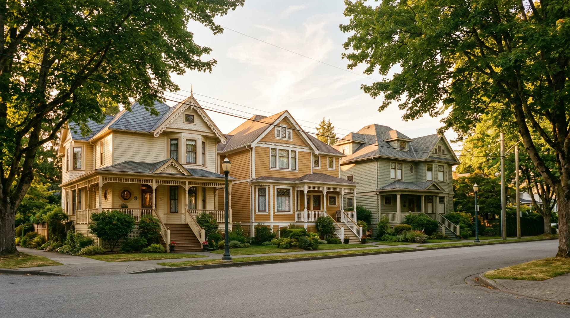 A beautifully preserved 1900s Queens Park New Westminster Victorian heritage residential street at golden hour with classic Victorian and Edwardian clapboard homes, gingerbread bargeboards, deep front porches, and an arching maple canopy — Distinctive Form serves New Westminster