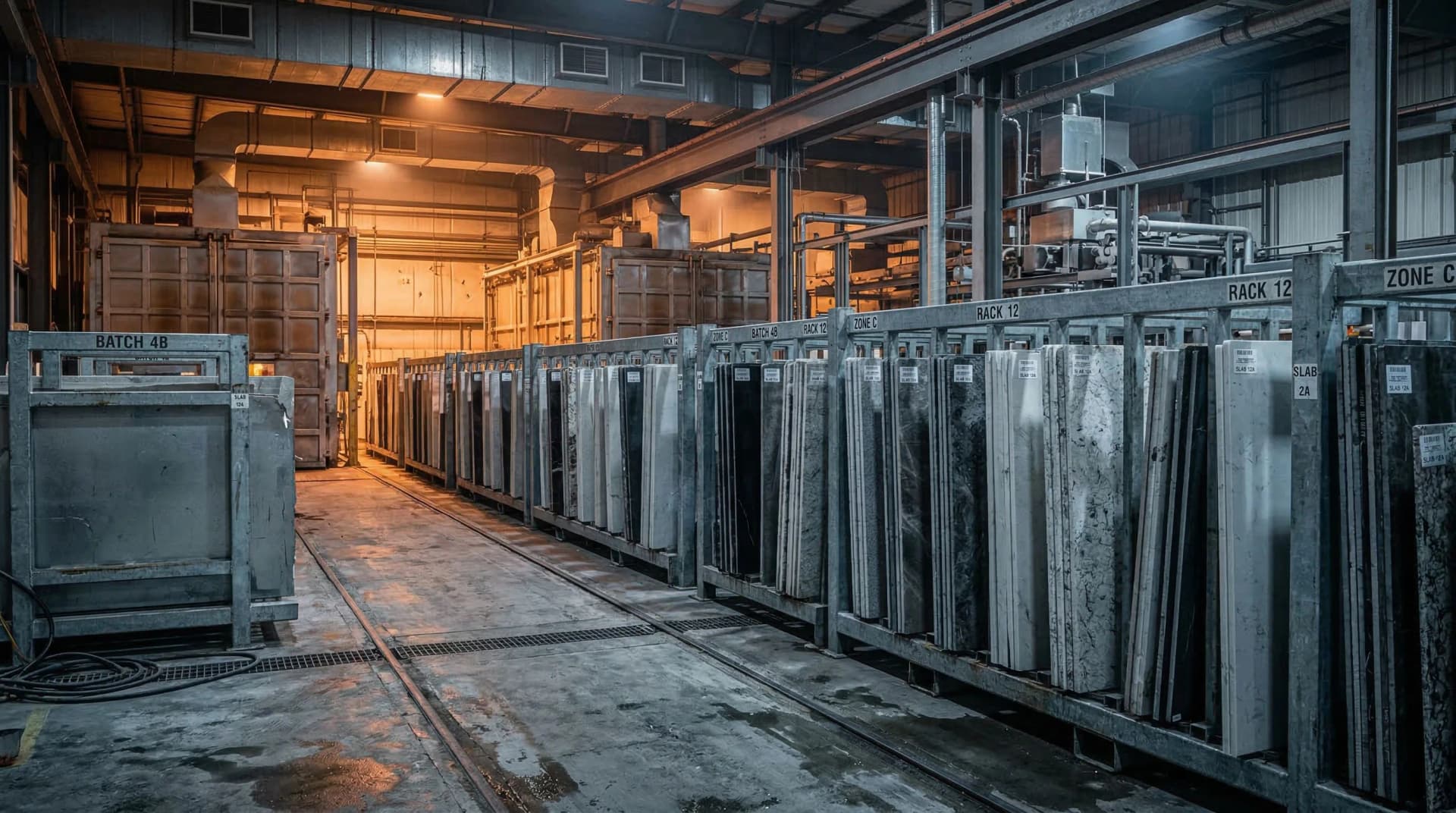 Distinctive Form — cured quartz slabs in the cooling and stabilization chamber. Multiple large engineered quartz slabs standing vertically in heavy-duty industrial cooling racks inside a temperature-controlled facility, arranged with precise gaps for gradual air circulation, transitioning from the warm curing zone to the controlled cooling area, demonstrating the critical slow-cooling stage that prevents thermal stress cracking over the 8–12 hour stabilization period.