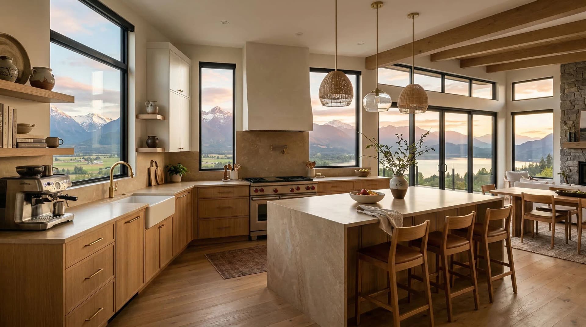 Distinctive Form — premium engineered quartz countertop with mitered waterfall island edge in a warm modern Chilliwack, British Columbia kitchen. Cream-toned quartz surface with subtle veining, natural oak cabinetry, exposed wood ceiling beams, woven rattan pendant lights, farmhouse sink, stone fireplace accent, and stunning Fraser Valley mountain and sunset views. Professional countertop fabrication and installation serving Chilliwack and surrounding areas.