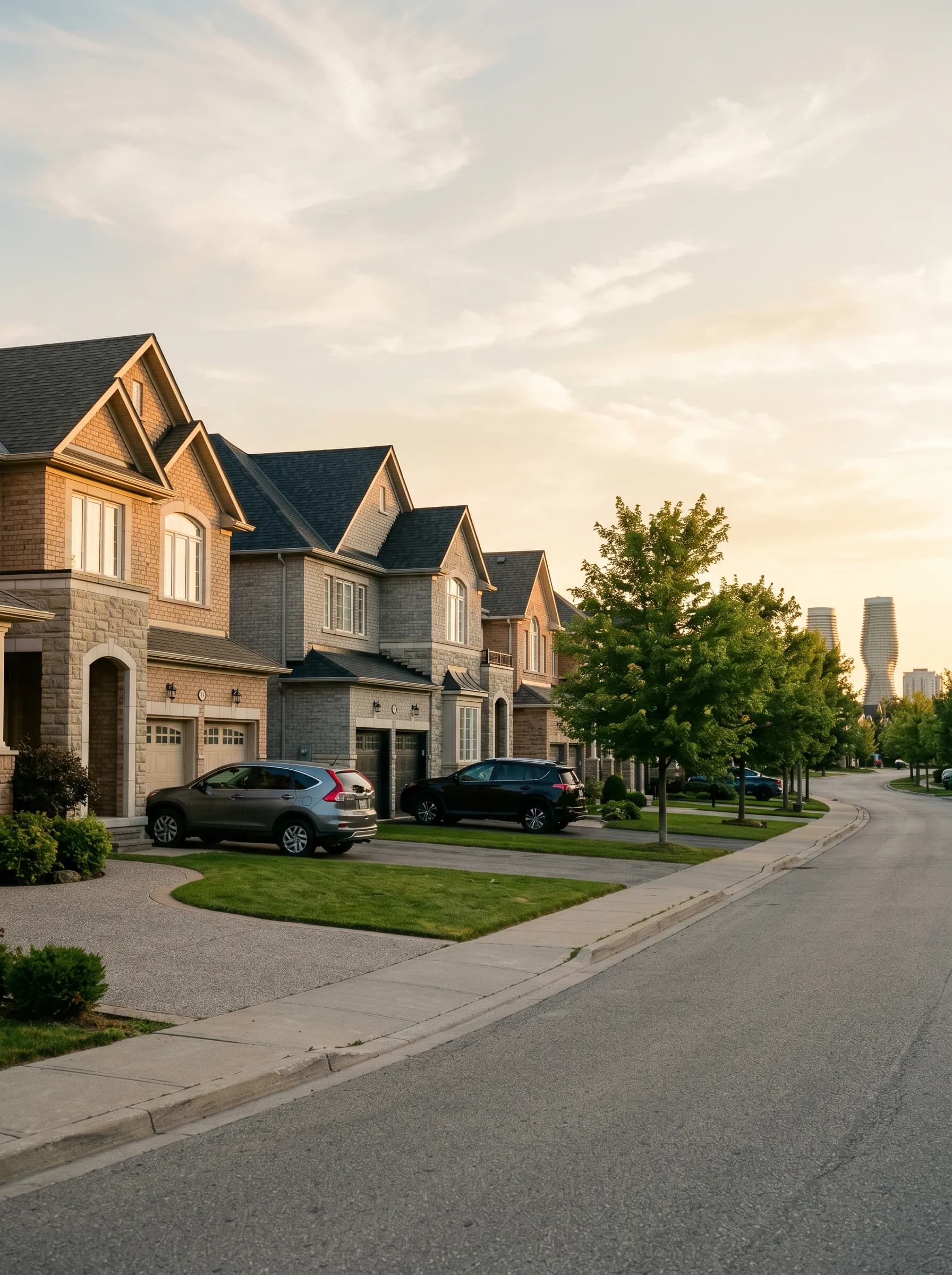 A residential street in suburban Mississauga at golden hour with newer brick-and-stone single-family homes and the distant Absolute Towers — Distinctive Form serves all Mississauga neighborhoods