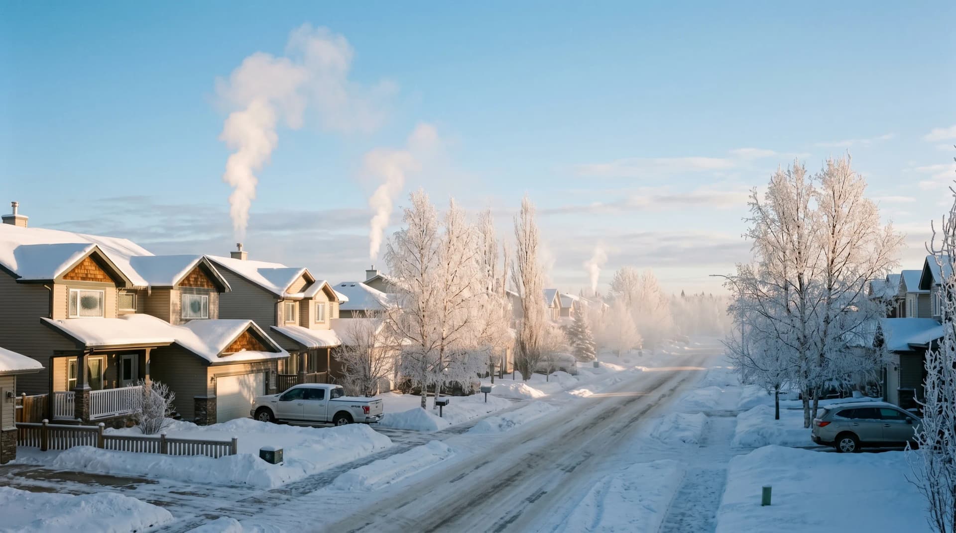 A Timberlea or Eagle Ridge Fort McMurray residential street in deep mid-winter at low-sun late-morning with severe deep snow on rooftops and yards, heavy hoarfrost coating bare birch and aspen, ice fog suspended in -40 degree air catching warm side light, and multiple chimney plumes rising straight up — the extreme Northern Alberta cold Distinctive Form installs through for Fort McMurray