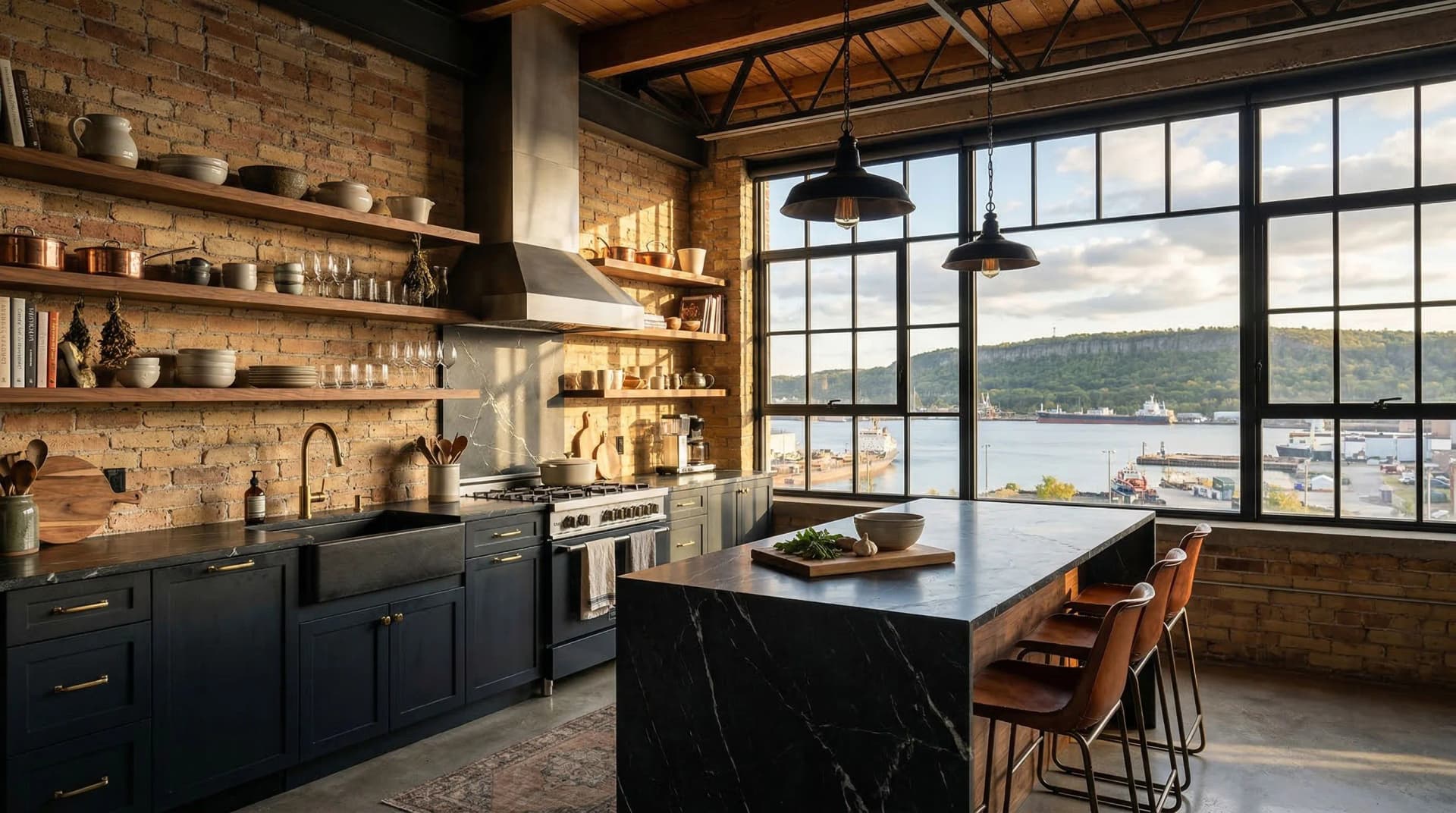 Distinctive Form — premium porcelain countertop with eased edge profile in an industrial loft-style Hamilton, Ontario kitchen. Black marble-veined porcelain island surface, exposed brick walls, dark cabinetry with brass hardware, open wood shelving, industrial pendant lighting, timber ceiling beams, and Hamilton Harbour waterfront views through factory-style steel windows. Professional countertop fabrication and installation serving Hamilton and surrounding areas.