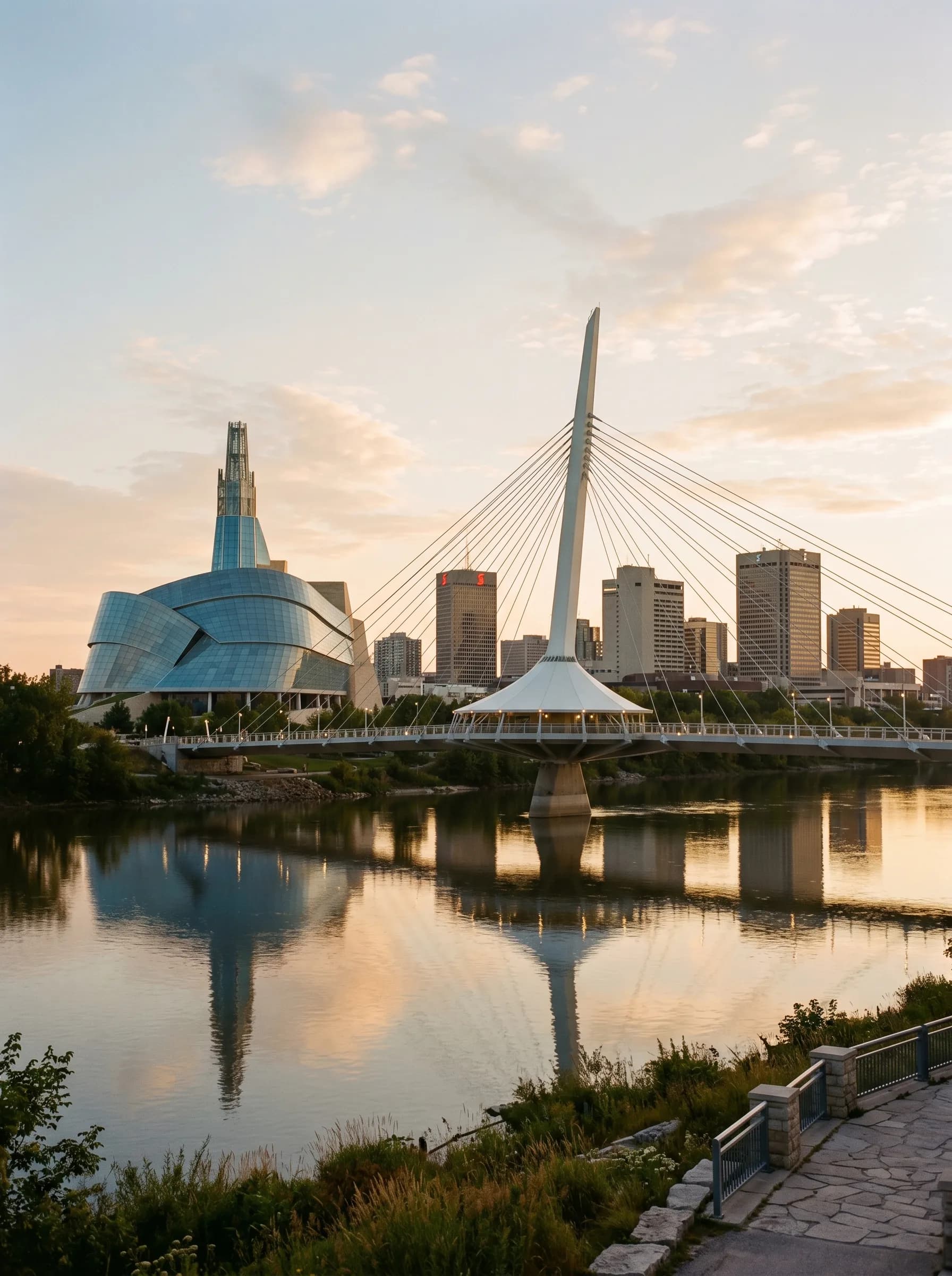 The Esplanade Riel pedestrian bridge over the Red River with the Canadian Museum for Human Rights and downtown Winnipeg skyline at golden hour — Distinctive Form serves the Winnipeg Capital Region