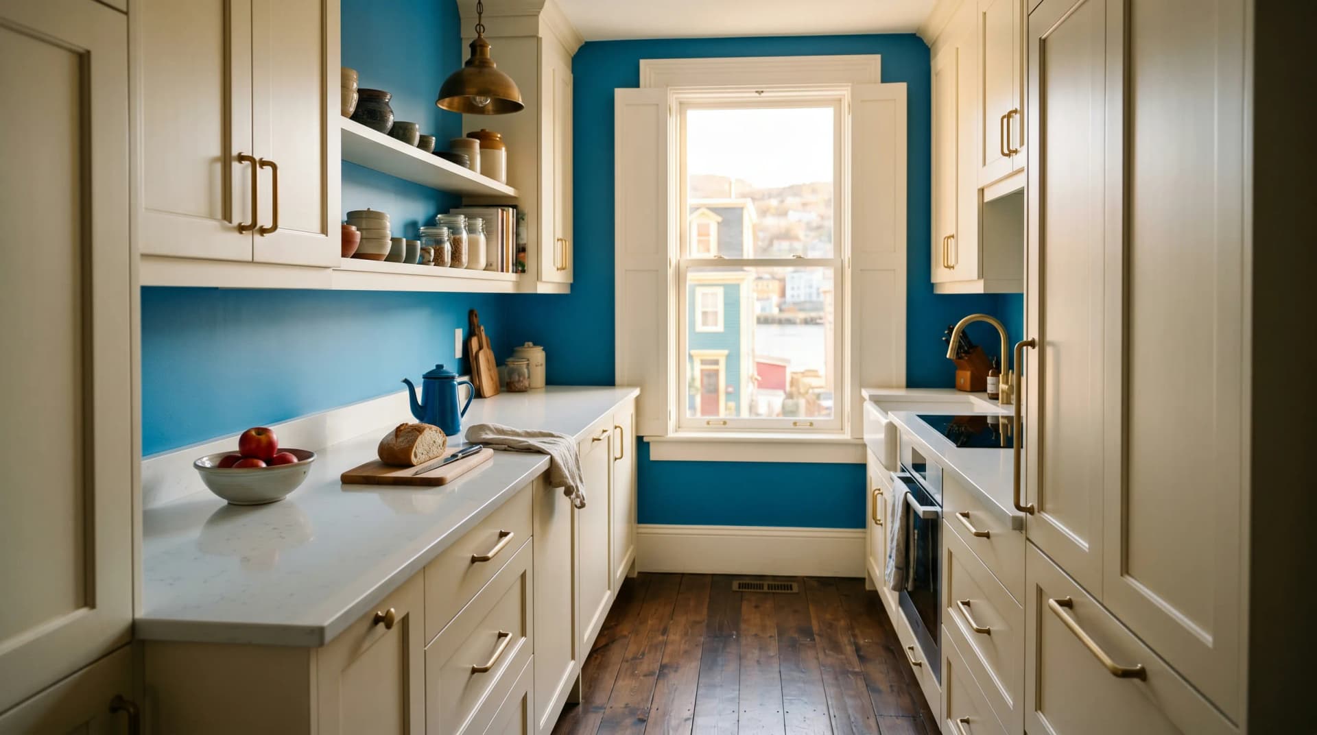 A renovated downtown St. John's jellybean row-house galley kitchen with a white engineered quartz counter on cream shaker cabinetry beside an ocean-blue painted accent wall — Distinctive Form serves St. John's