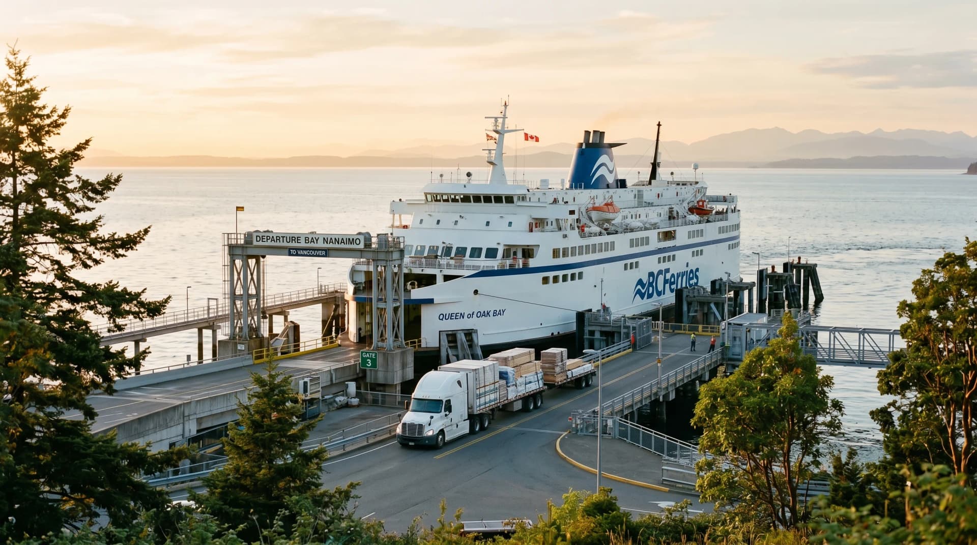 A BC Ferries vessel docked at the Departure Bay Nanaimo ferry terminal at golden hour with a single white delivery truck carrying palletized building materials lined up on the ramp and the calm Strait of Georgia stretching beyond — Distinctive Form serves Nanaimo