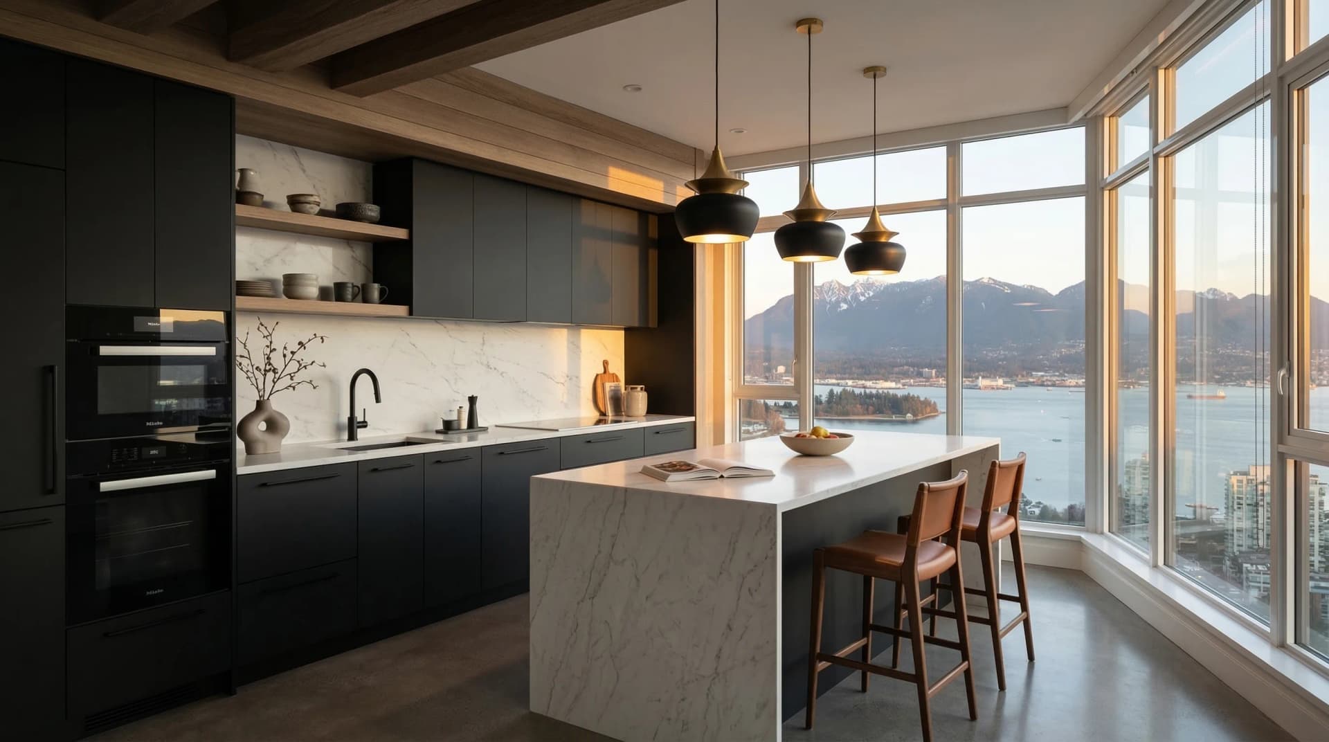 Distinctive Form — premium engineered quartz countertop with mitered waterfall island edge in a sleek modern Vancouver, British Columbia high-rise kitchen. White marble-veined quartz surface with eased edge, dark charcoal flat-panel cabinetry, black and brass pendant lights, marble backsplash, leather bar stools, and stunning views of Vancouver harbour, North Shore mountains, and city skyline through floor-to-ceiling windows. Professional countertop fabrication and installation serving Vancouver and surrounding areas.