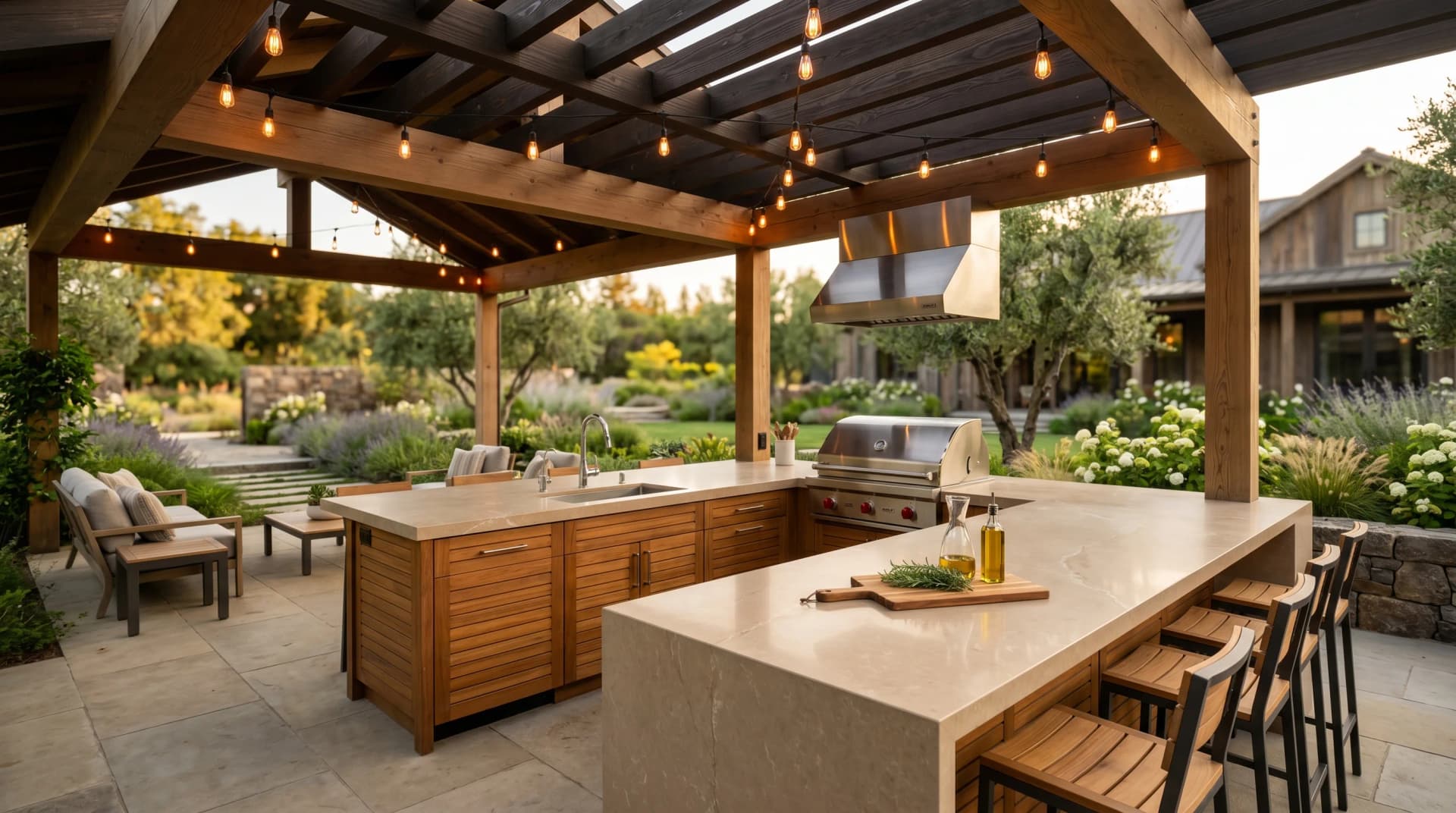 Distinctive Form premium quartz and porcelain countertops for Toronto homes — a covered outdoor luxury kitchen featuring a warm beige engineered quartz countertop with eased edge.