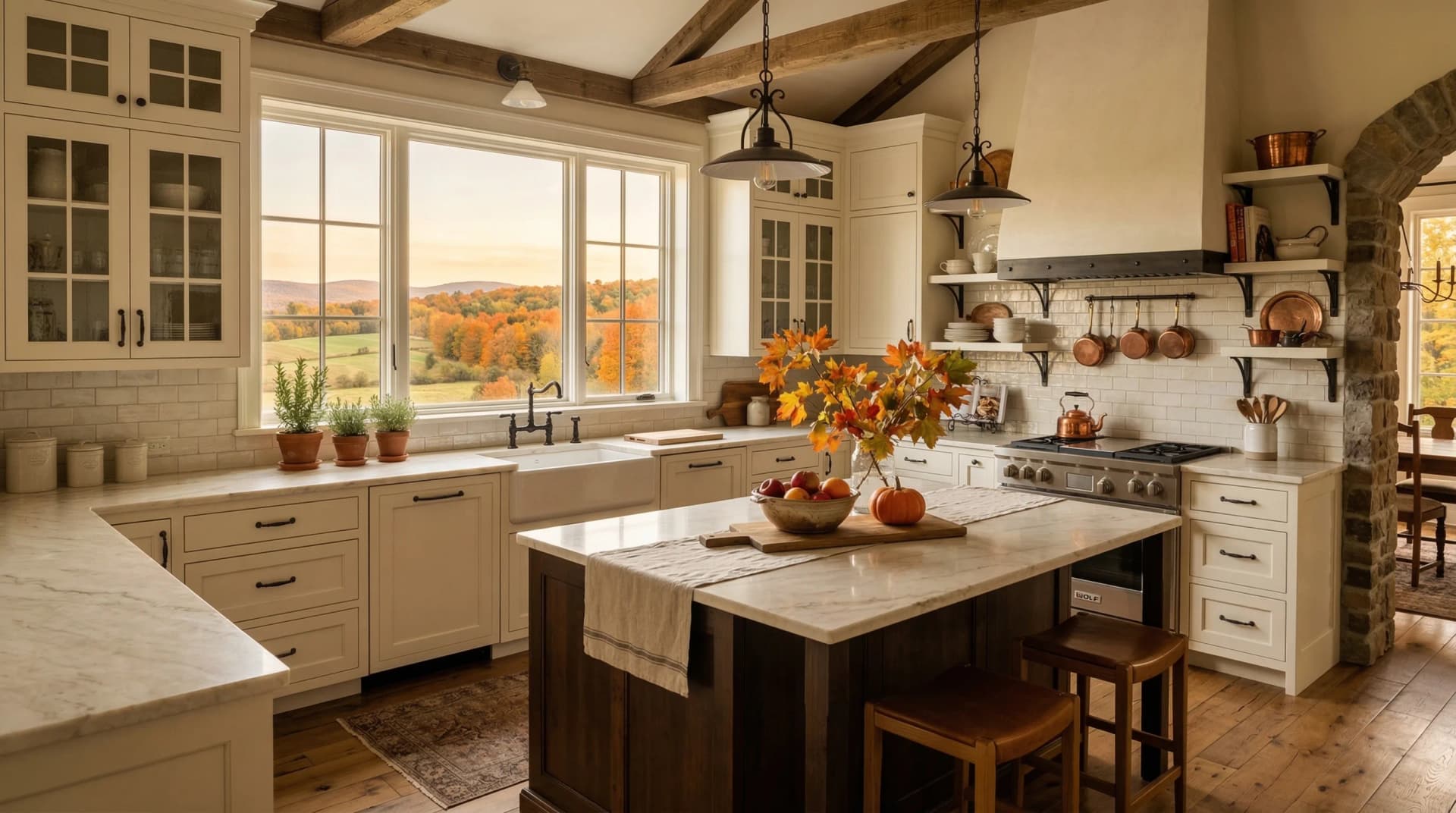 Distinctive Form — premium engineered quartz countertop with eased edge profile in a rustic farmhouse-style Sherbrooke, Quebec kitchen. White marble-veined quartz surfaces on island and perimeter, cream shaker cabinetry, dark wood island base, exposed wood ceiling beams, stone archway, black iron pendant lighting, open shelving with copper cookware, farmhouse sink, subway tile backsplash, and panoramic Eastern Townships autumn foliage views. Professional countertop fabrication and installation serving Sherbrooke and surrounding areas.