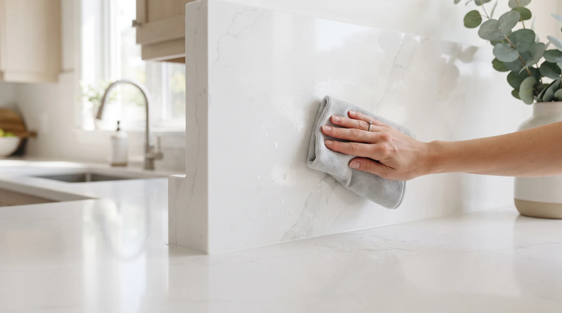 A hand wiping a seamless quartz backsplash clean with a soft cloth, showing no grout lines to scrub