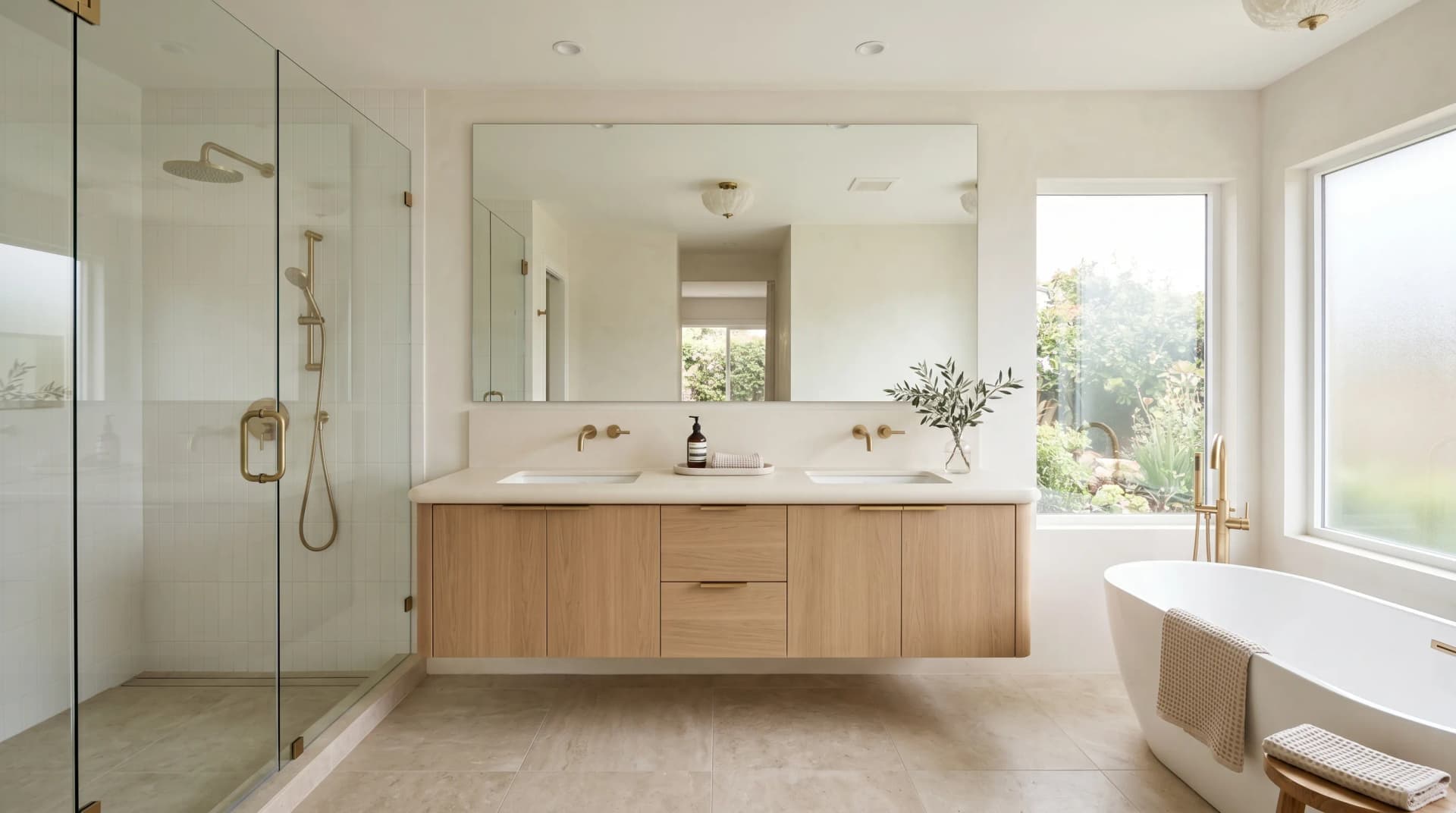 Distinctive Form premium quartz and porcelain countertops for Cambridge homes — a luxury primary bathroom with a cream engineered porcelain vanity countertop and semi-bullnose edge.