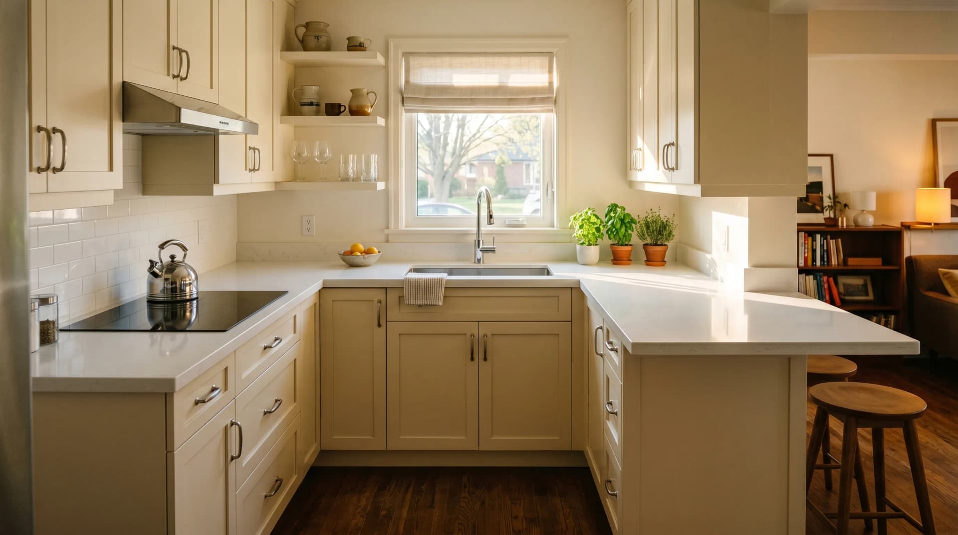 A renovated 1950s McLaughlin Oshawa postwar galley kitchen with a polished white quartz countertop with an eased edge on cream shaker cabinetry, a retained breakfast bar and a deep undermount sink under a small window in warm afternoon light — Distinctive Form serves Oshawa