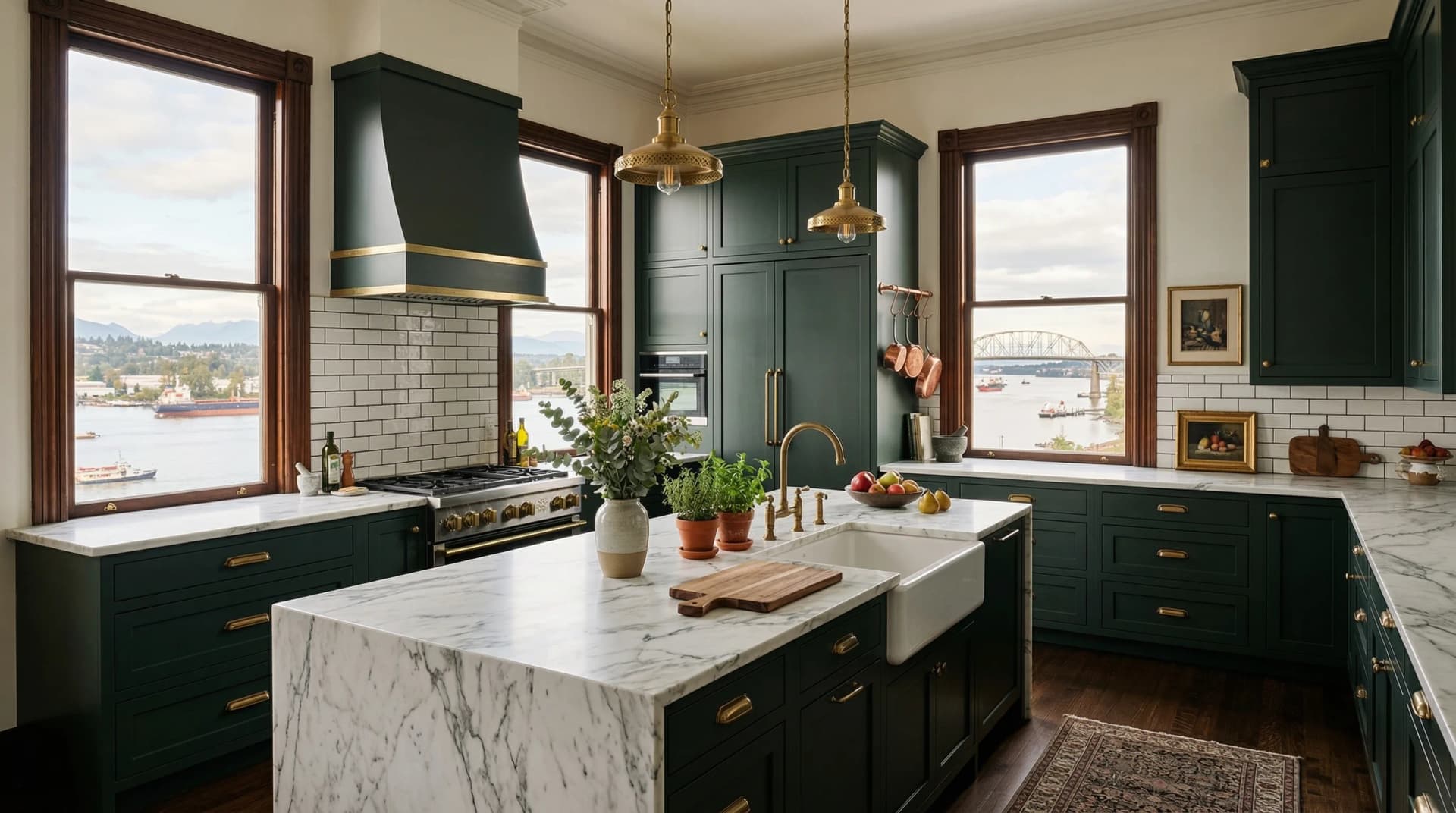 Distinctive Form — premium engineered quartz countertop with mitered waterfall island edge in a classic New Westminster, British Columbia kitchen. White marble-veined quartz surface with eased edge profile, deep hunter green cabinetry, brass pendant lighting, white subway tile backsplash, farmhouse sink, and Fraser River waterfront views. Professional countertop fabrication and installation serving New Westminster and surrounding areas.