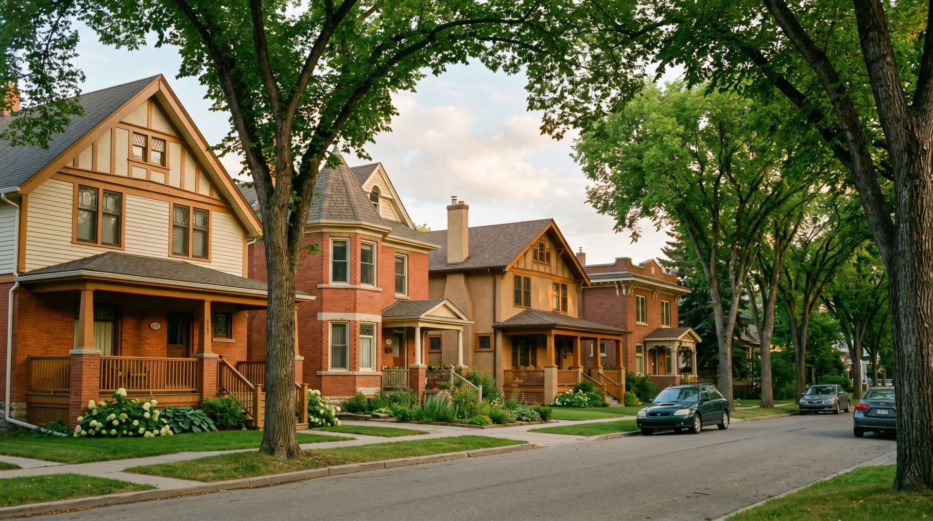 A Nutana or City Park Saskatoon character-home street with early-1900s brick-and-clapboard homes, deep wooden porches, and mature elms forming a green canopy overhead at golden hour — the heritage character homes Distinctive Form renovates in Saskatoon