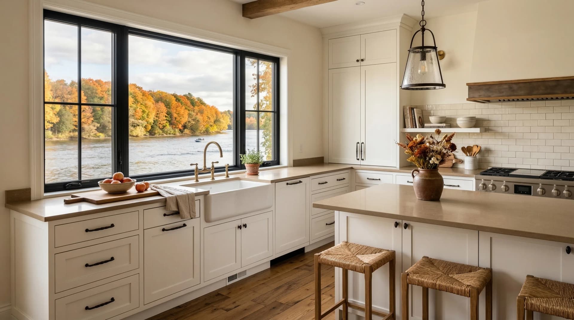 Distinctive Form — premium engineered quartz countertop with eased edge profile in a warm farmhouse-style Cambridge, Ontario kitchen. Neutral taupe quartz surfaces on white shaker cabinetry, farmhouse apron sink with brass fixtures, exposed wood ceiling beam, woven rush bar stool, subway tile backsplash, lantern pendant light, and large black-framed windows overlooking the Grand River with vibrant autumn foliage. Professional countertop fabrication and installation serving Cambridge and surrounding areas.