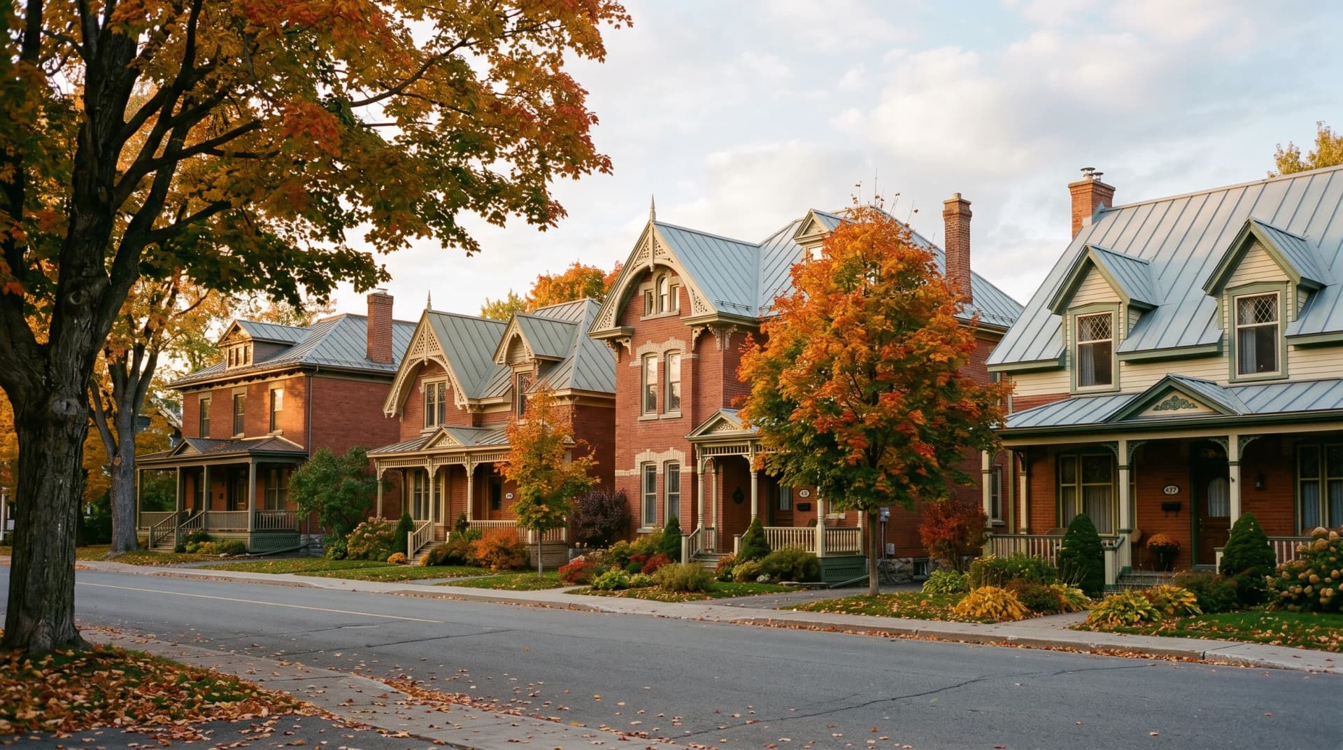 A preserved 1870s Lennoxville Sherbrooke heritage street with red-brick English and French-Canadian style homes, decorative bargeboards and front porches beneath autumn amber and crimson Townships maples at golden hour — Distinctive Form serves Sherbrooke