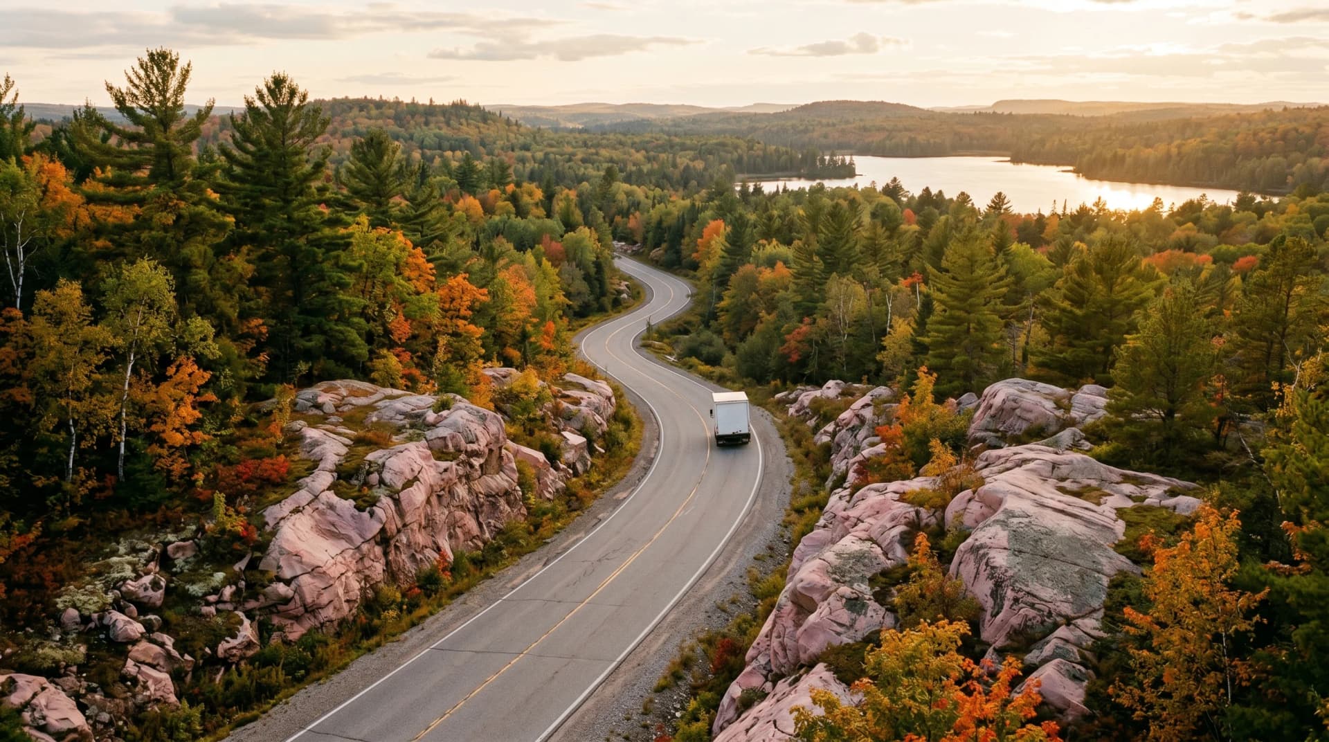 A quiet rural road winding through pink-granite Canadian Shield outcrops between Copper Cliff and Lively in Greater Sudbury at golden hour with a single delivery truck, white pines and autumn maples and a tranquil distant lake beyond — Distinctive Form serves Sudbury
