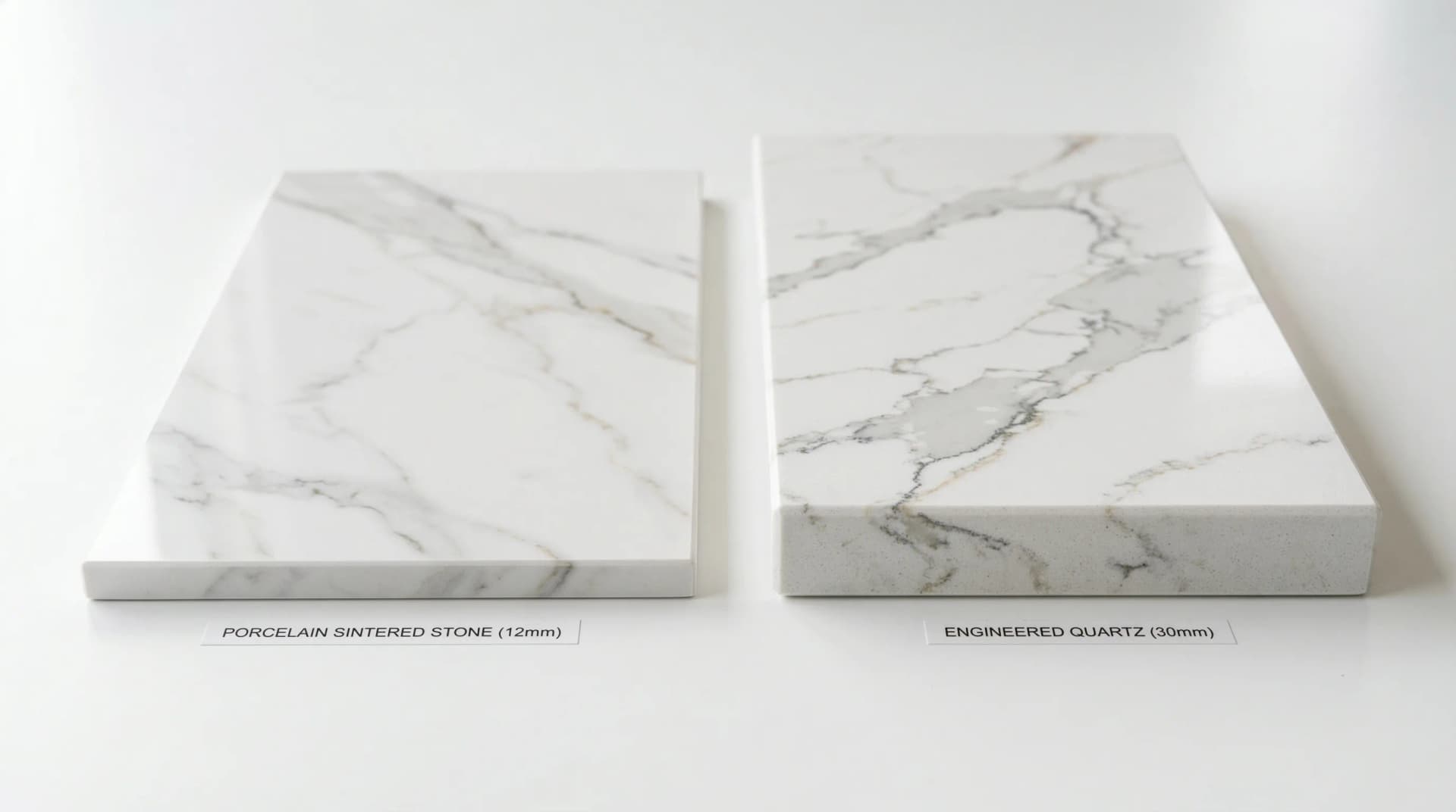 Distinctive Form — porcelain vs quartz countertop comparison. Two countertop material samples side by side: a porcelain sintered stone sample with Calacatta marble-look pattern and thin 12 mm profile (left) next to an engineered quartz sample with similar pattern but thicker 30 mm profile (right), highlighting the key structural differences — porcelain is resin-free and sintered at 1200°C while quartz uses 6–10% polymer resin binder cured at 85–100°C.