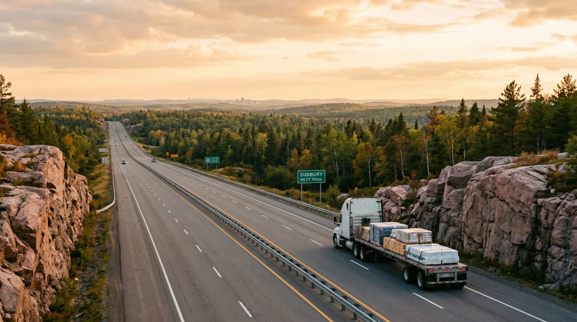 Highway 69 stretching north through the rugged Canadian Shield landscape toward Greater Sudbury at golden hour with a single white transport truck loaded with palletized building materials, dramatic pink-granite rock cuts and dense boreal-and-deciduous forest — Distinctive Form serves Sudbury