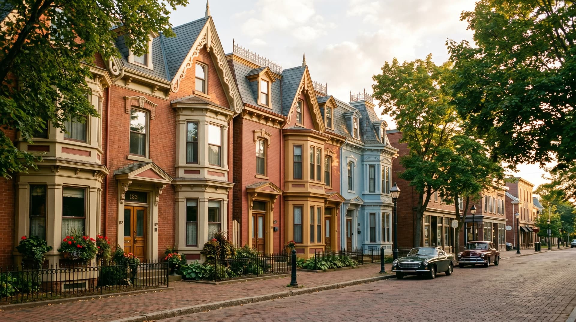 Historic Great George Street in downtown Charlottetown lined with preserved 1880s Victorian heritage buildings in red and ochre brick with painted cream trim and ornate gingerbread bargeboards — Distinctive Form serves Charlottetown