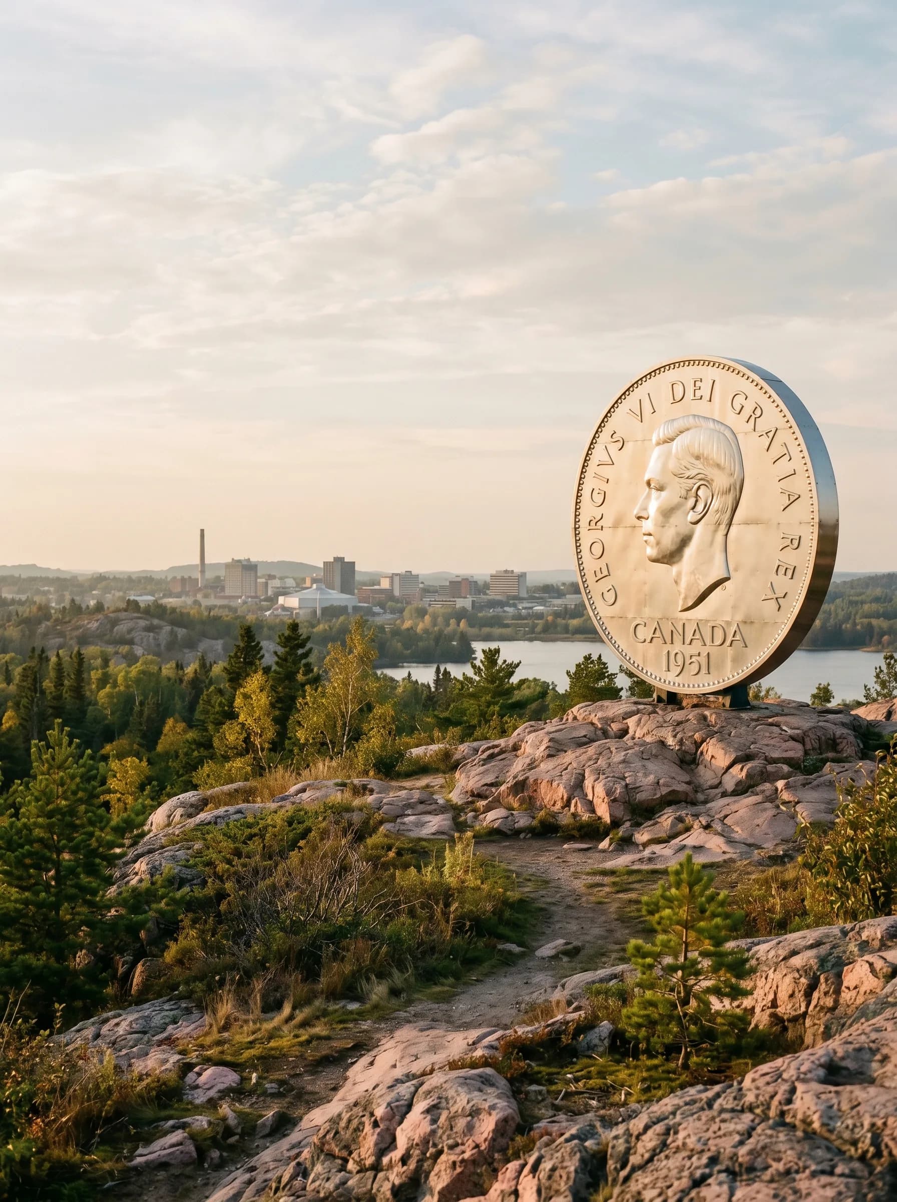 The Big Nickel monument on a pink-granite Canadian Shield outcrop with the modest Sudbury downtown skyline beyond at golden hour — Distinctive Form serves Greater Sudbury and Northeastern Ontario