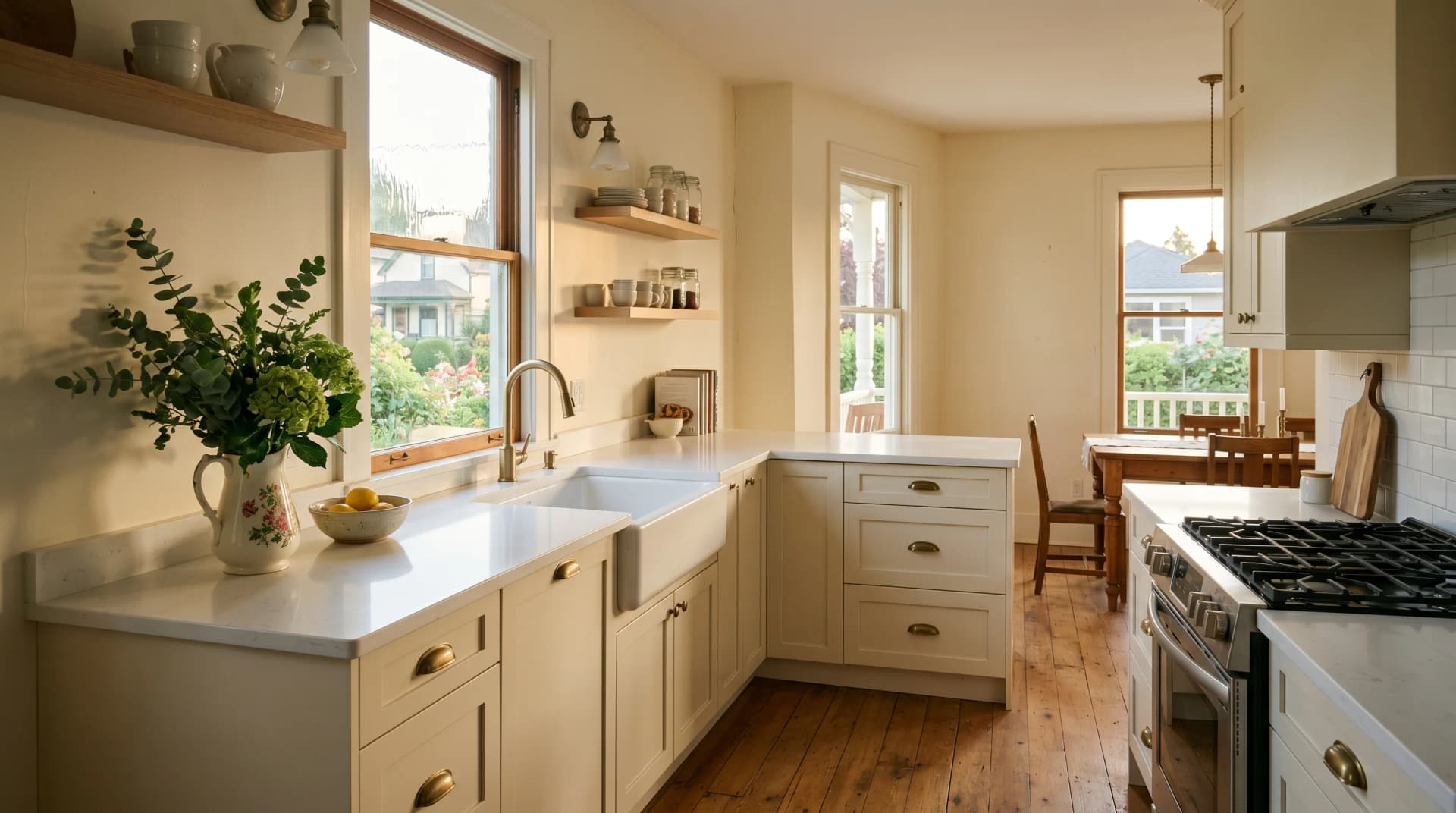 A renovated 1910s Ladner Village Delta heritage kitchen at golden hour with a polished white engineered quartz countertop, semi-bullnose edge, cream shaker cabinetry, slightly out-of-plumb walls, an apron-front sink, and original wide-plank floors — Distinctive Form serves Delta