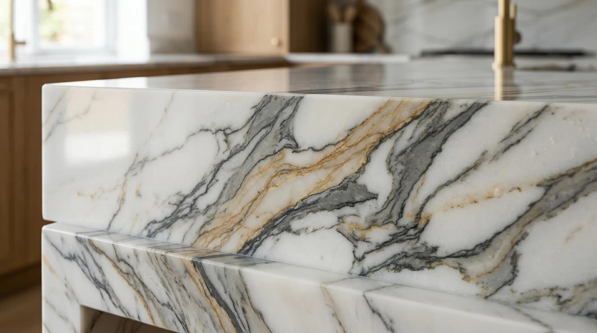Distinctive Form — premium engineered quartz veining depth and three-dimensional pattern technology. Close-up oblique view of a premium quartz countertop surface showing deep grey and warm gold veins flowing through the full thickness of the white material rather than sitting on the surface, with veins casting subtle internal shadows within the translucent quartz matrix, demonstrating how multi-layer veining techniques and full-depth colour application create realistic marble-look patterns that are visible even on cut edges.
